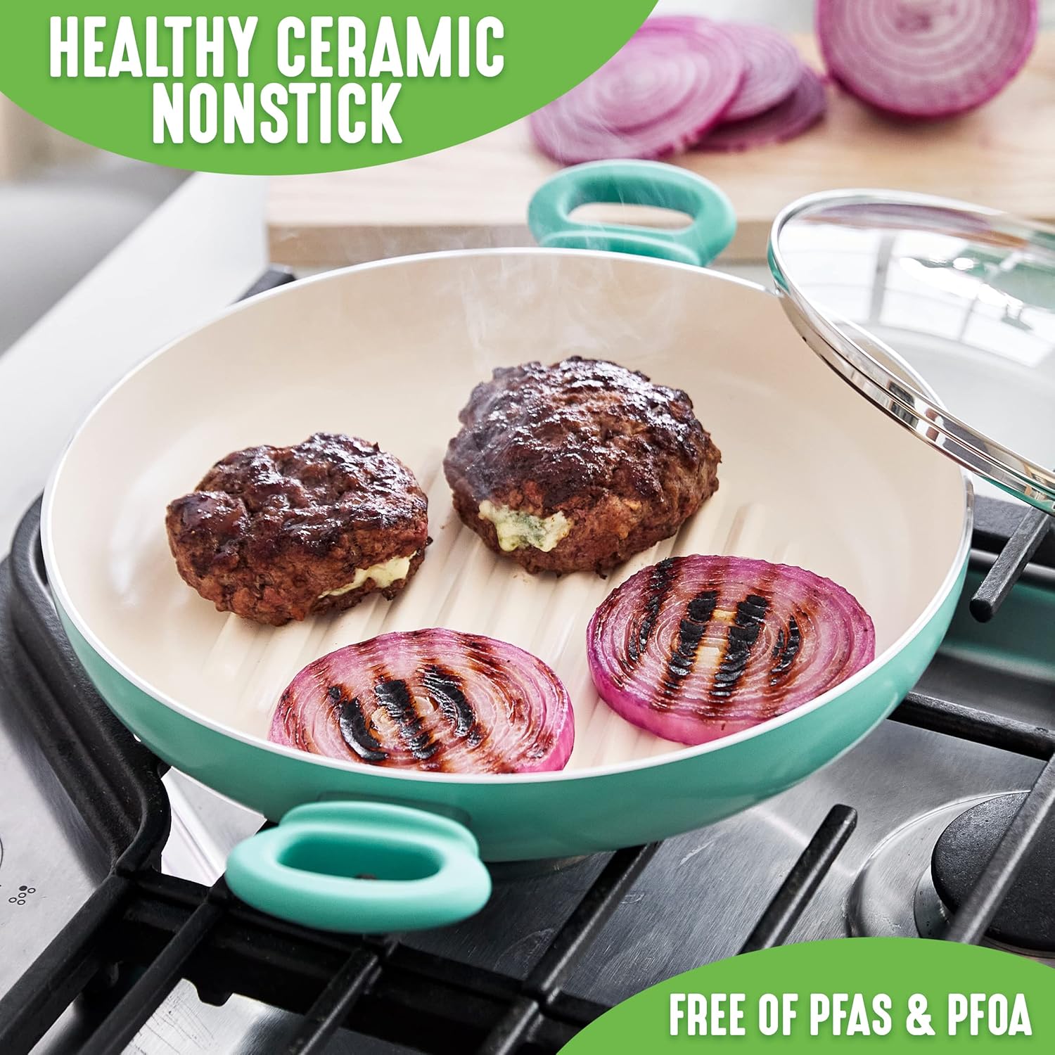 GreenLife 11” Healthy Ceramic Nonstick Grill Pan with 2 Handles and Lid, PFAS-Free, Rivetless Interior, Grill Ridges, Dishwasher Safe, Oven Safe, Turquoise