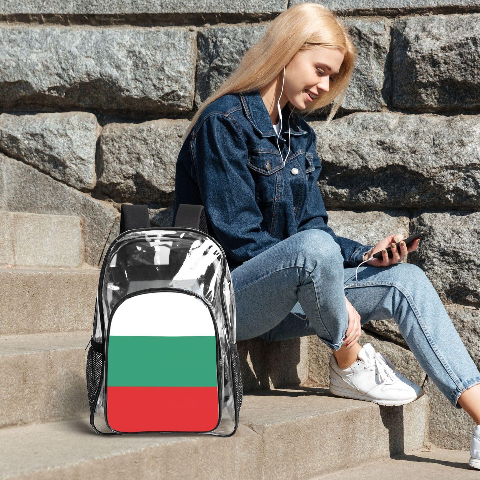 Bułgarska flaga nadruk unisex przezroczysty plecak zestaw 3-częściowy przezroczysty lunch piórnik podróżny na zewnątrz