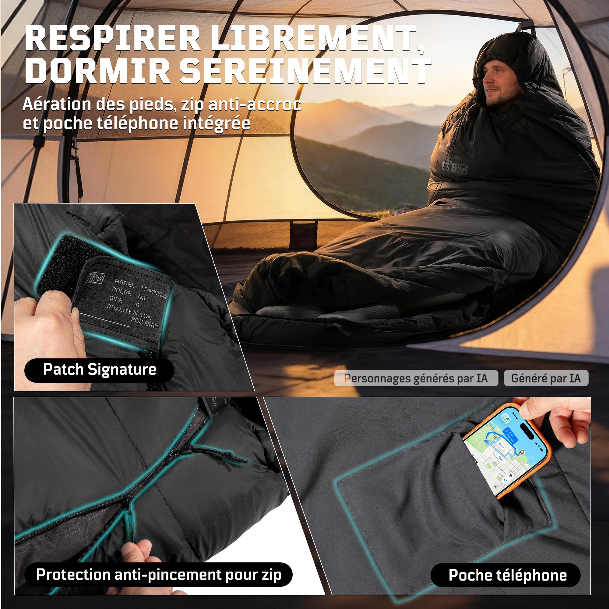 Sac de couchage sarcophage 2-3 saisons (confort 6 °C) – Sac de couchage d'été respirant pour adultes jusqu'à 185 cm – Nylon Ripstop compact 40D avec sac de compression pour camping, randonnée et