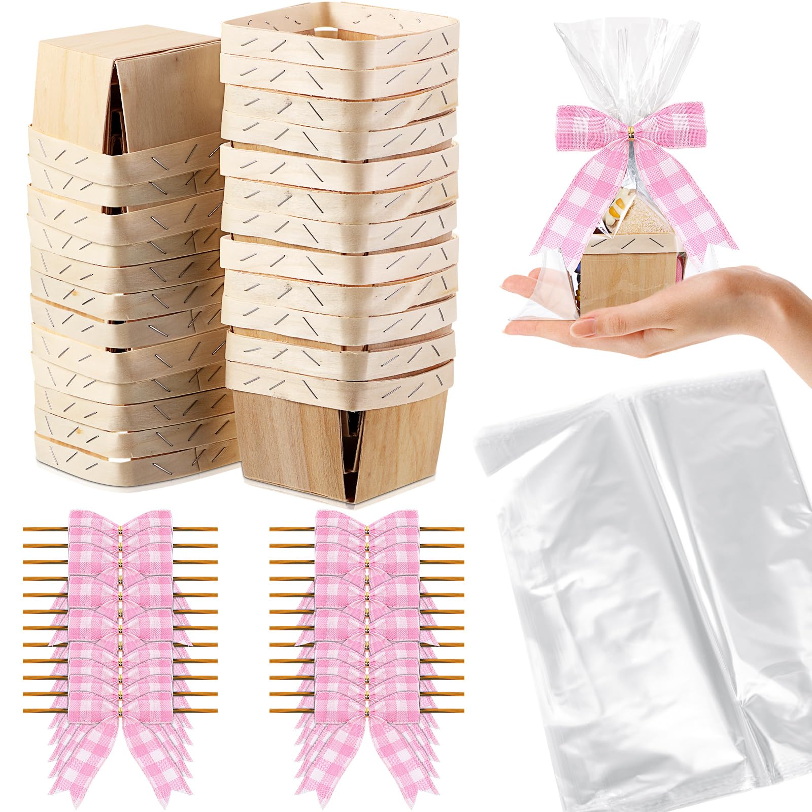 Kigley 24-teiliges Set Holz-Geschenkkörbe, leer, kleiner Geschenkkorb mit Zellophantüten, Schleifen, Korb-Set für Ostern, DIY, Obstpflücken, Geburtstag, Hochzeit, Schleife, Party (10,2 cm, rosaweiß