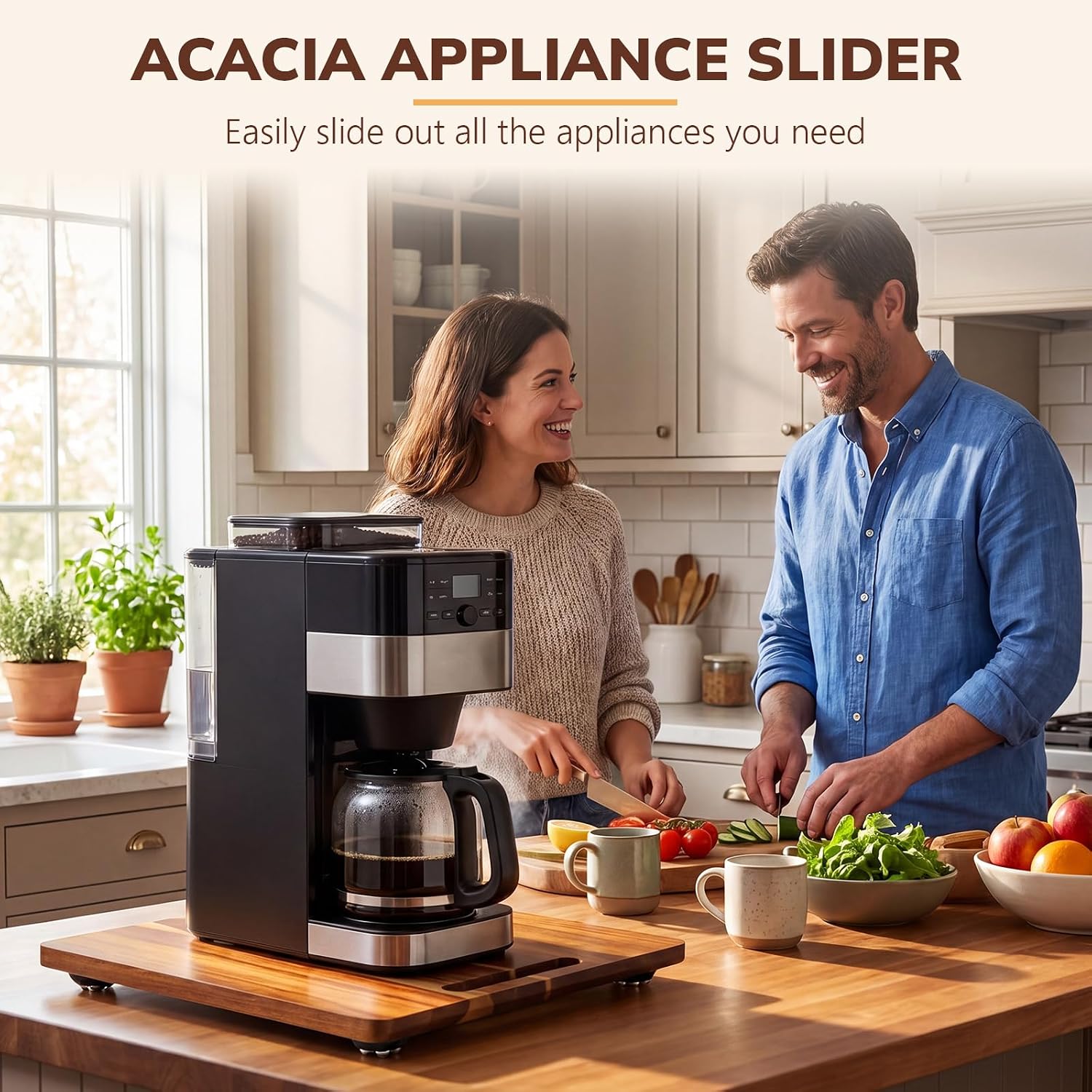 Junkin Acacia Wood Appliance Slider for Kitchen Appliances 360° Sliding Tray for Coffee Maker Rolling Tray 14 x 13" Coffee Pot Slider Trays Kitchen Countertop Appliance Rolling Trays with Wheels