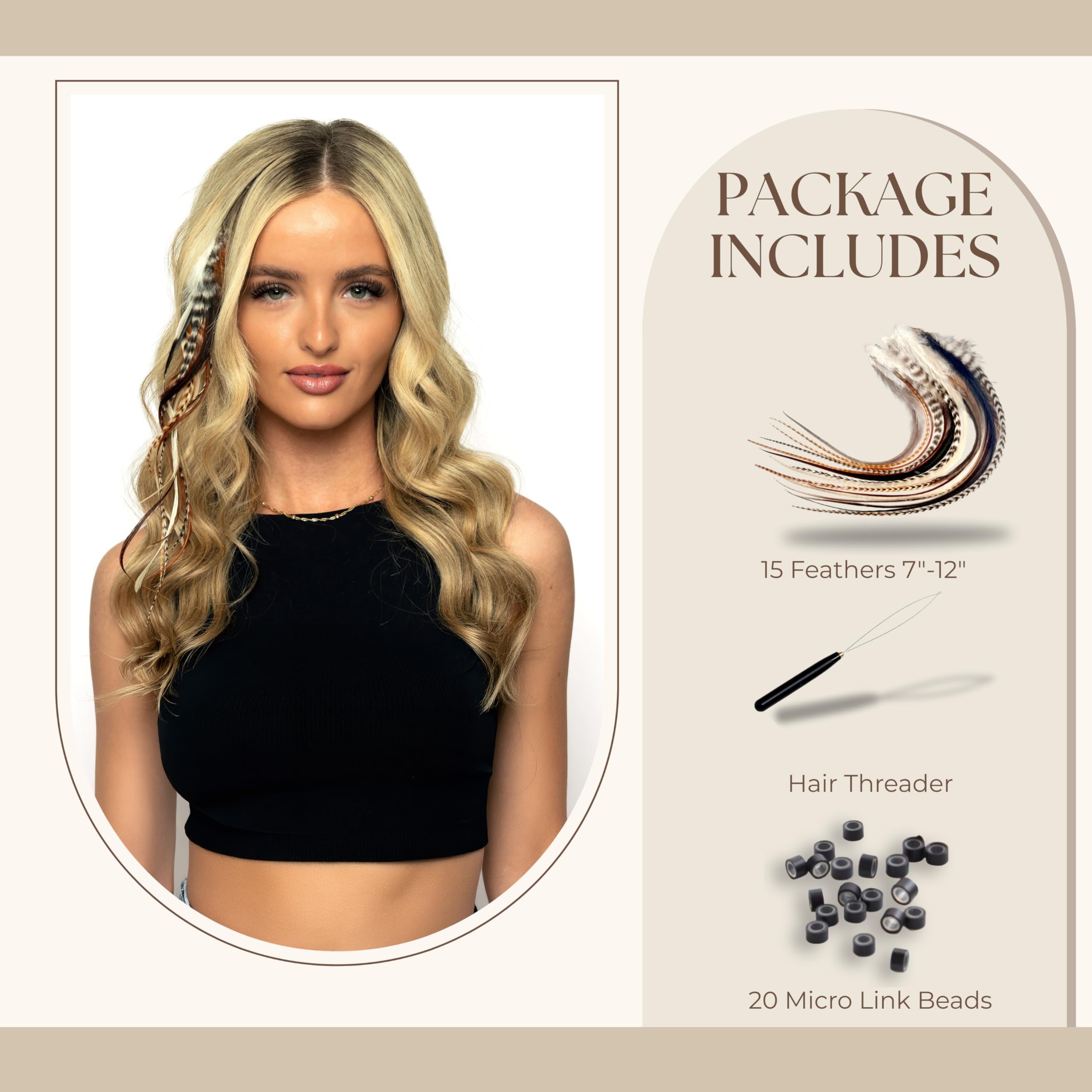 Feather Headz Haarfedern in 15 Farben, 17,8 cm - 30,5 cm lang, Haarverlängerung, Feder-Diy-Set, auffälliges Design, 20 Micro-Link-Perlen, 100 % Hahnenfedern