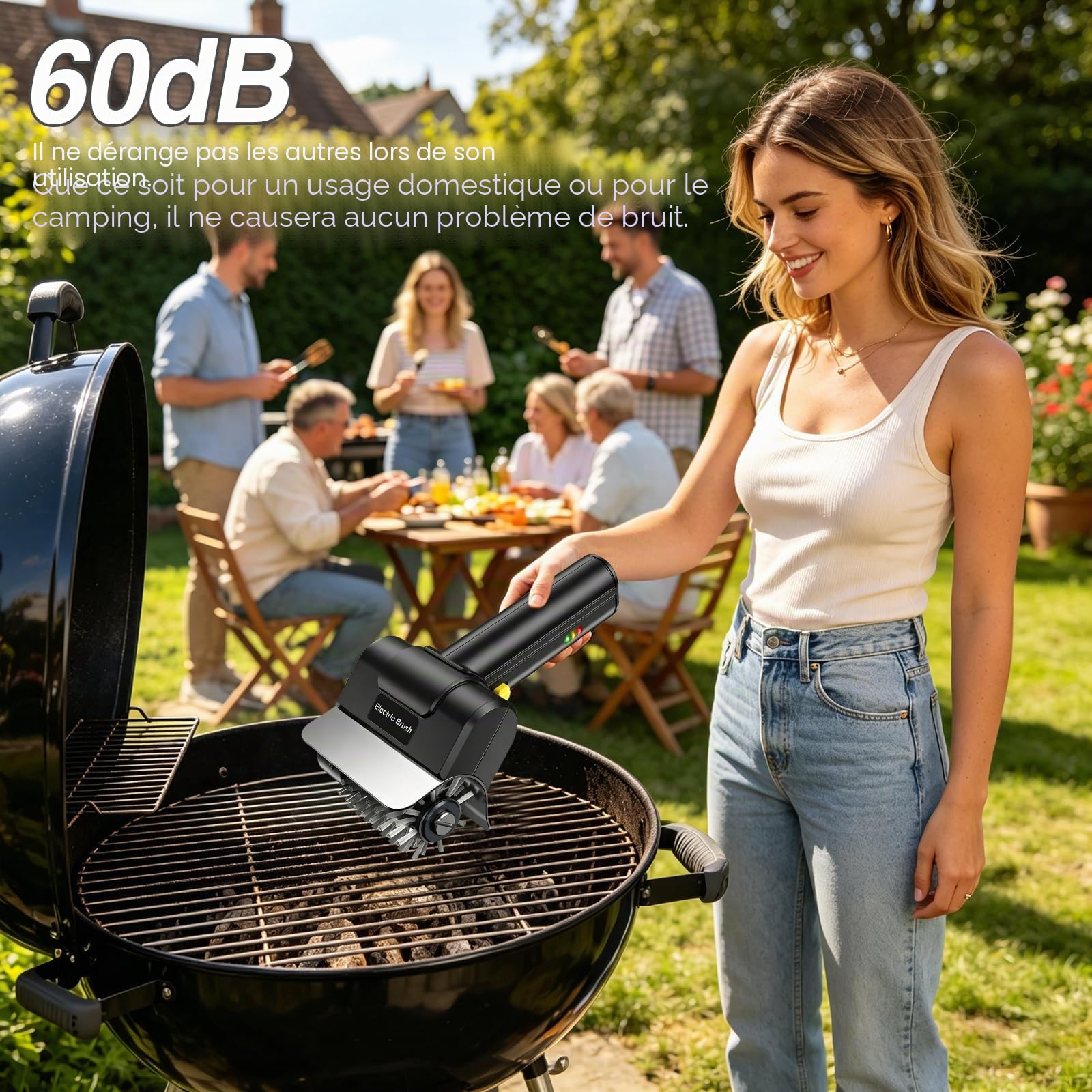 Brosse de gril électrique alimentée par batterie avec tête de brosse en acier inoxydable, brosse de gril en acier inoxydable, brosse de gril étanche pour grille en fonte, fumoir, plaque de gril (noir)