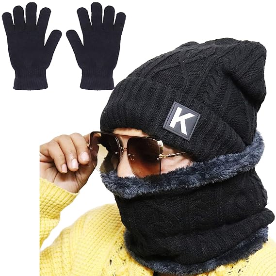 Aseenaa Winter Knit Beanie Cap Hat With Neck Warmer Muffler And Woolen Gloves Set For Unisex Men & Women | Caps Ear Scarf And Hand Glove Combo For Girls Mens & Boys For Bike | 3 Piece |