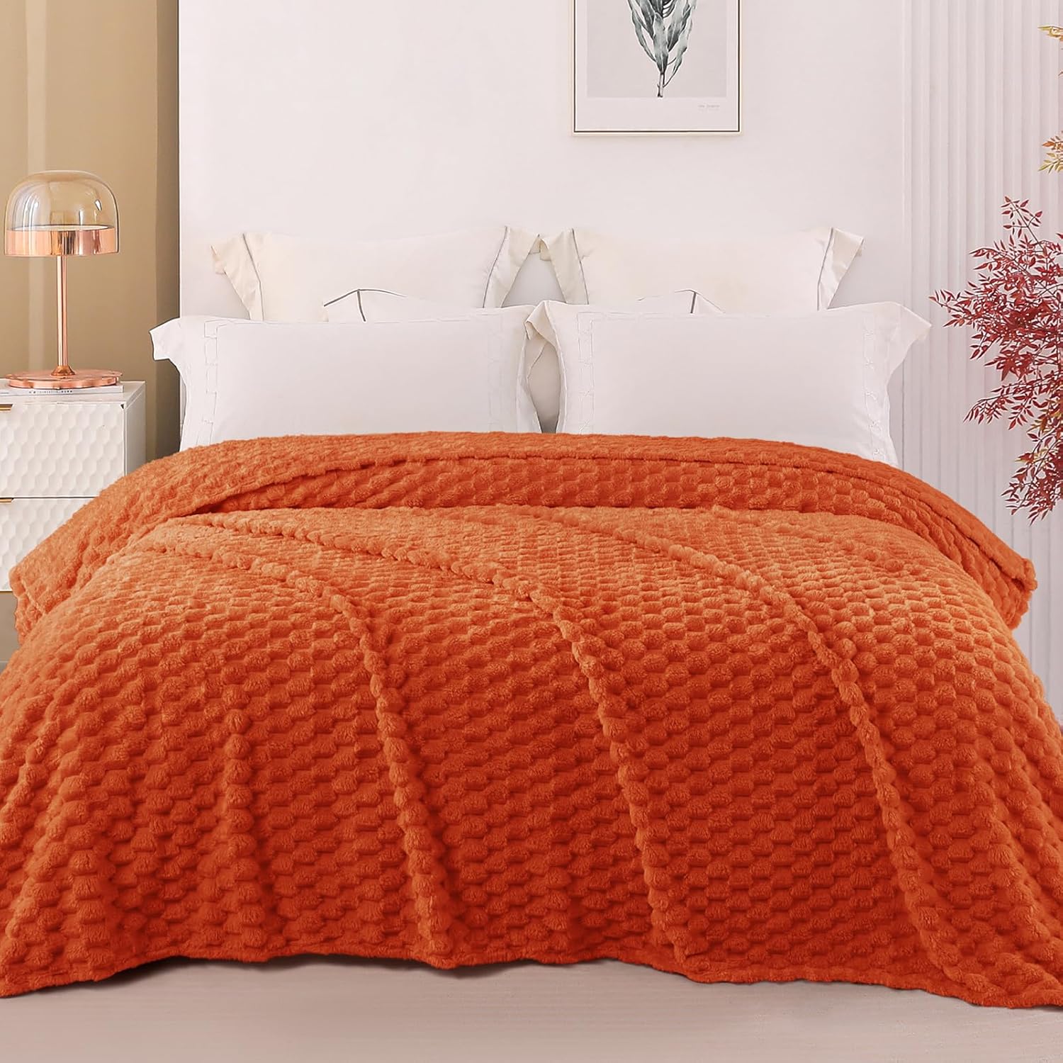 Exclusivo Mezcla Fleece California King Blanket for Bed, Oversized Fuzzy Burnt Orange Bed Blankets, Soft Cozy Plush Sofa Throws for All Seasons, 120x120 Inches