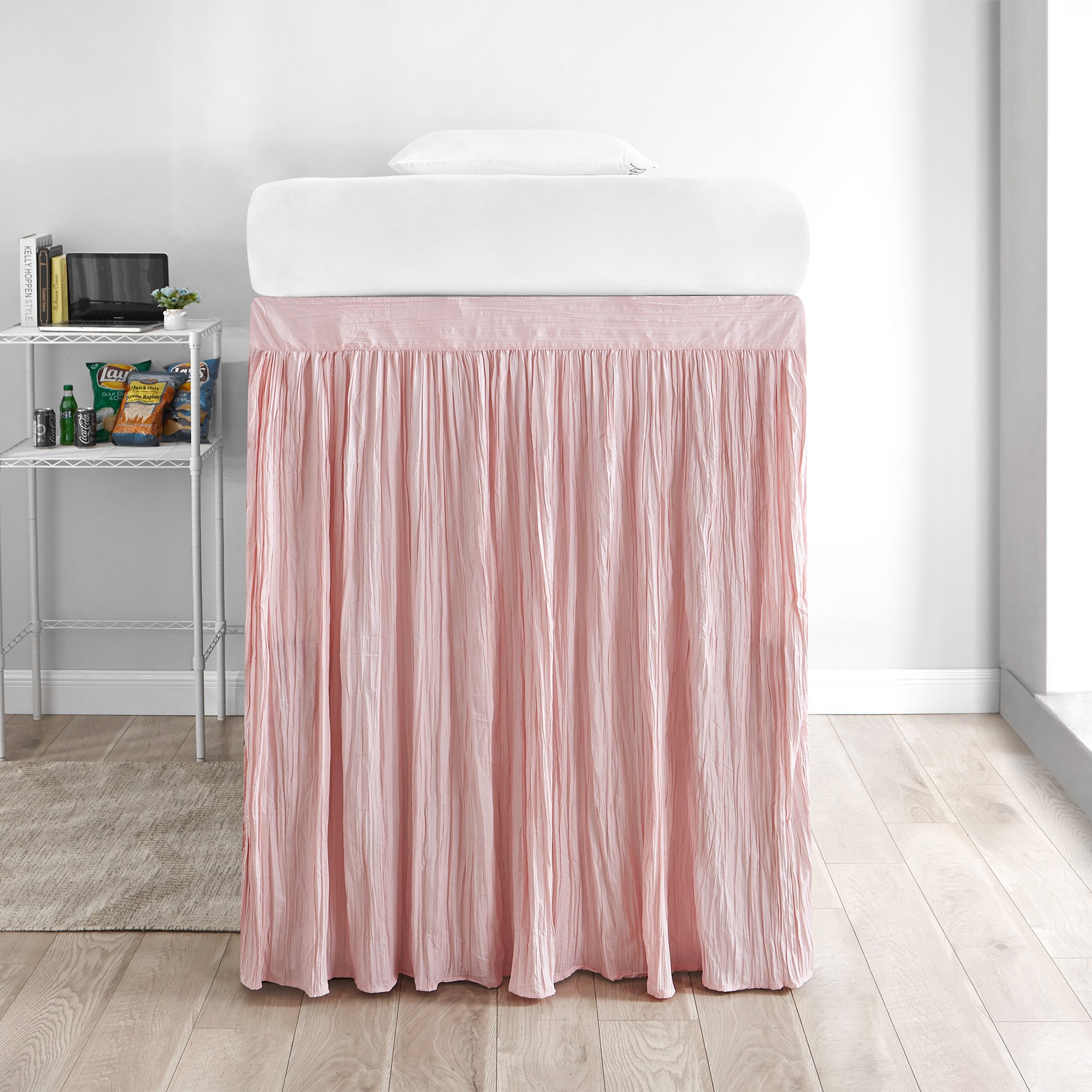 DormCo Crinkle Extended Bed Skirt Twin XL (3 Panel Set) - Rose Quartz