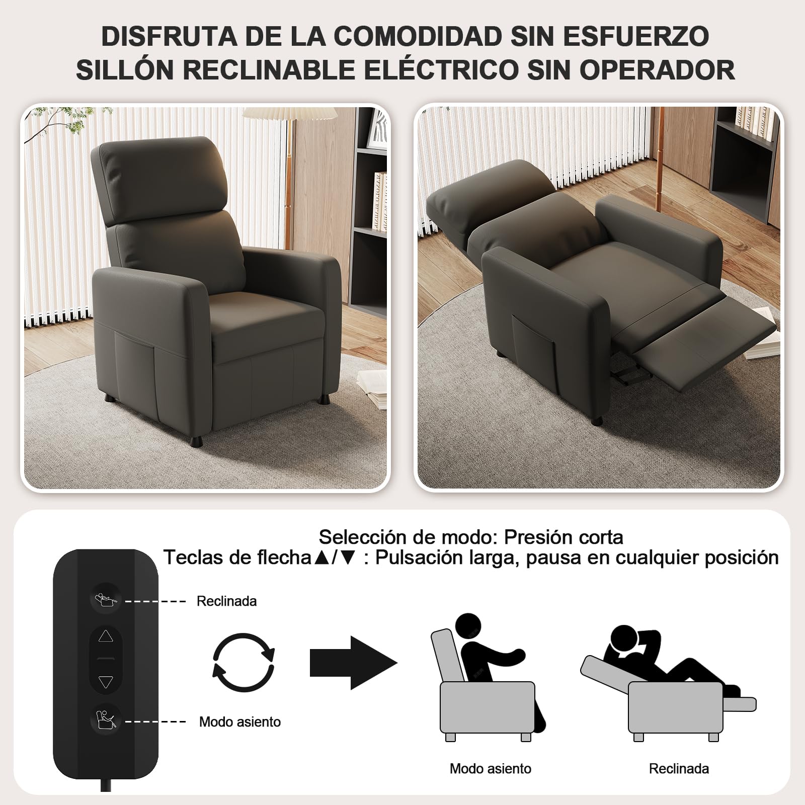 Devoko Sillón Relax Reclinable Eléctrica, Ergonómica Reclinable 90°-165° en Piel PU, Silla Reclinable con Respaldo y Reposapiés Ajustable, para Ancianos/Salón/Oficina, con Bolsillos Laterales, Negro