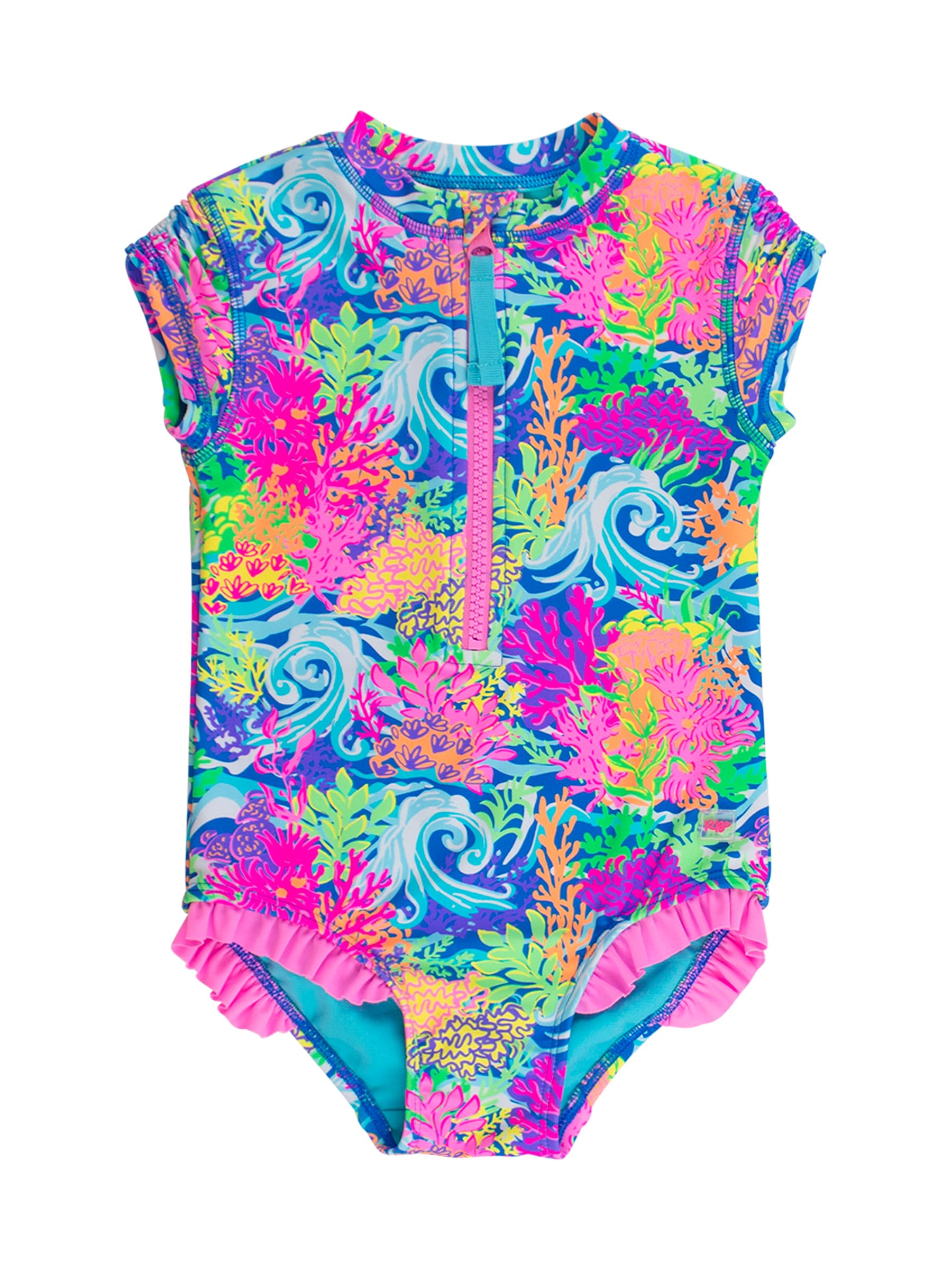RuffleButts Girls UPF50+ Sun Protection Front Zipper Short Sleeve Rash Guard One Piece Swimsuit