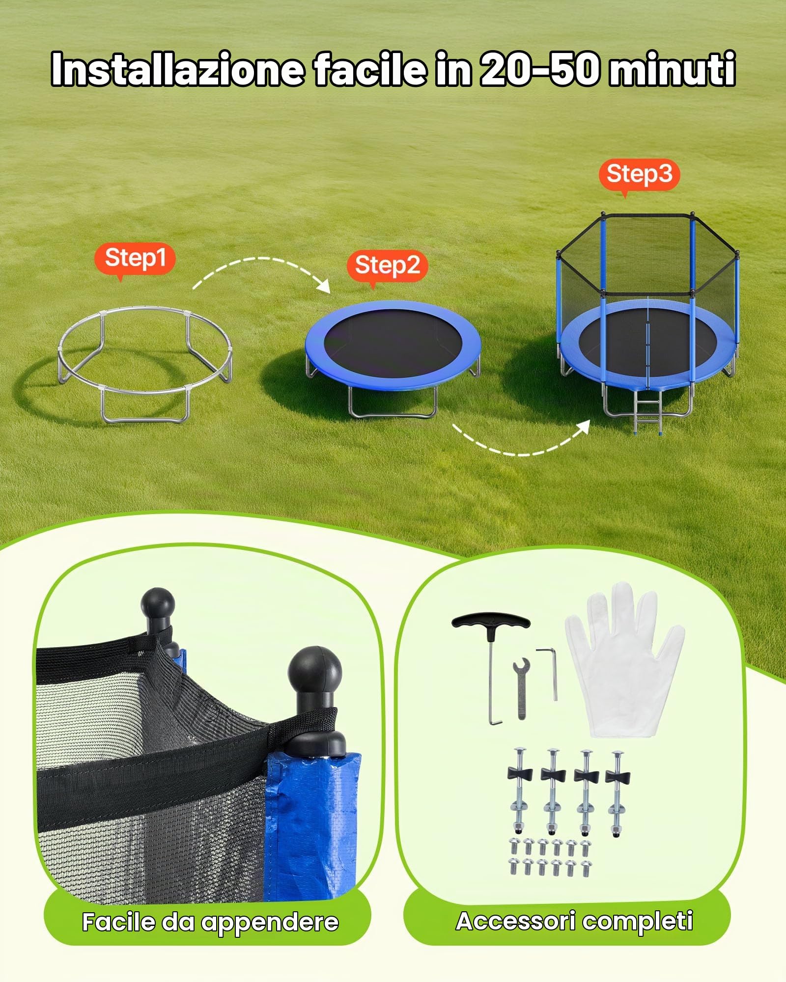 VEVOR Trampolino da Esterno 244 x 244 cm con Rete di Sicurezza e Telaio in Acciaio, Omologato ASTM, per Carichi Pesanti, Capacità Massima di 120 kg, Trampolino da Giardino per Bambini