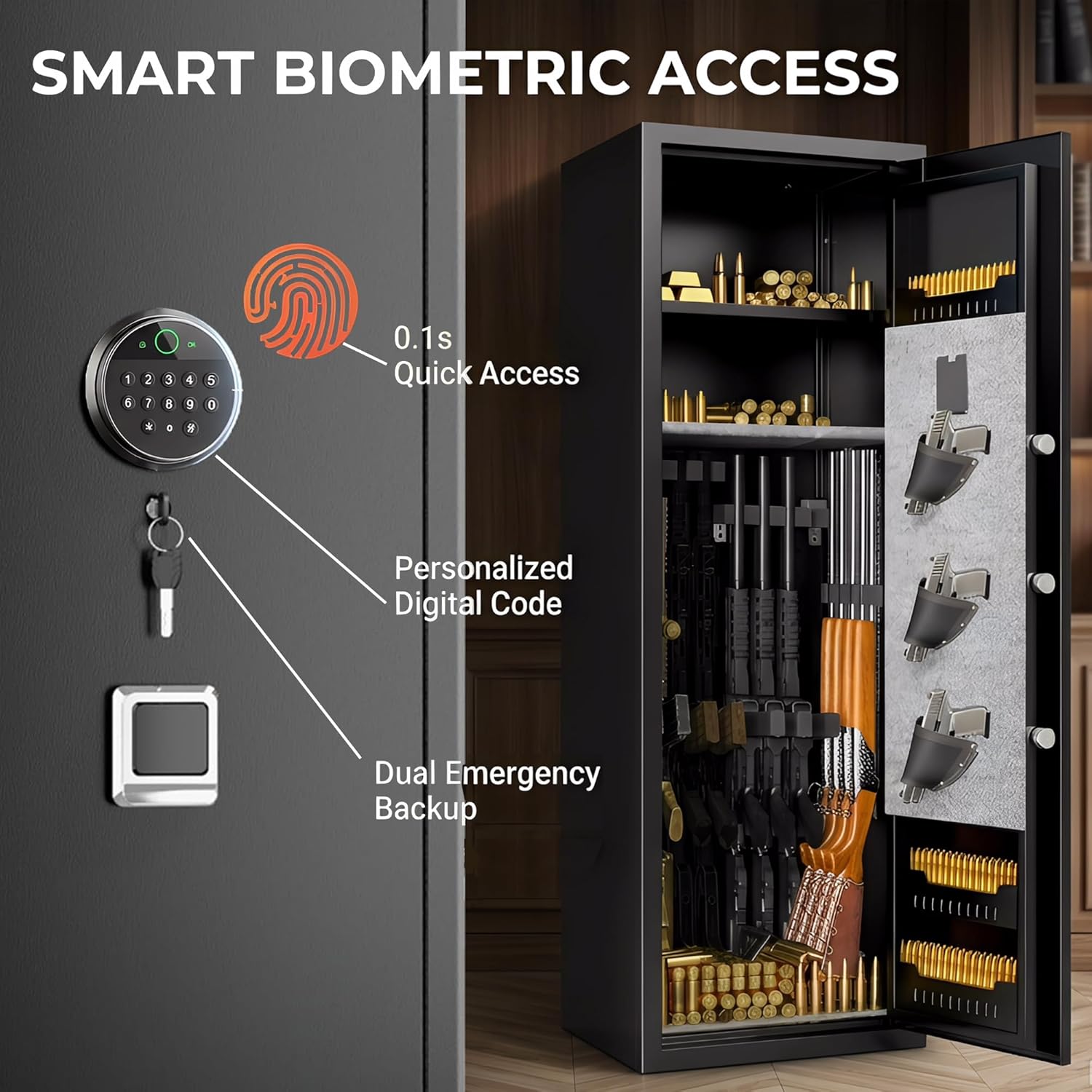 Gun Safe,Rifle Safe With Biometric Gun Safe,Heat-Resistant Heavy Duty Gun Safes,Large Safe No Assembly Required, Security Safe for Home with Adjustable Shelves,Black (57.09×13.7×11.81 inch)