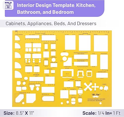 Miniatura 4 de Mr. Pen - Plan de casa, paquete de 3, naranja, plantillas de diseño de interiores y muebles, herramientas de dibujo y formas de reglas para