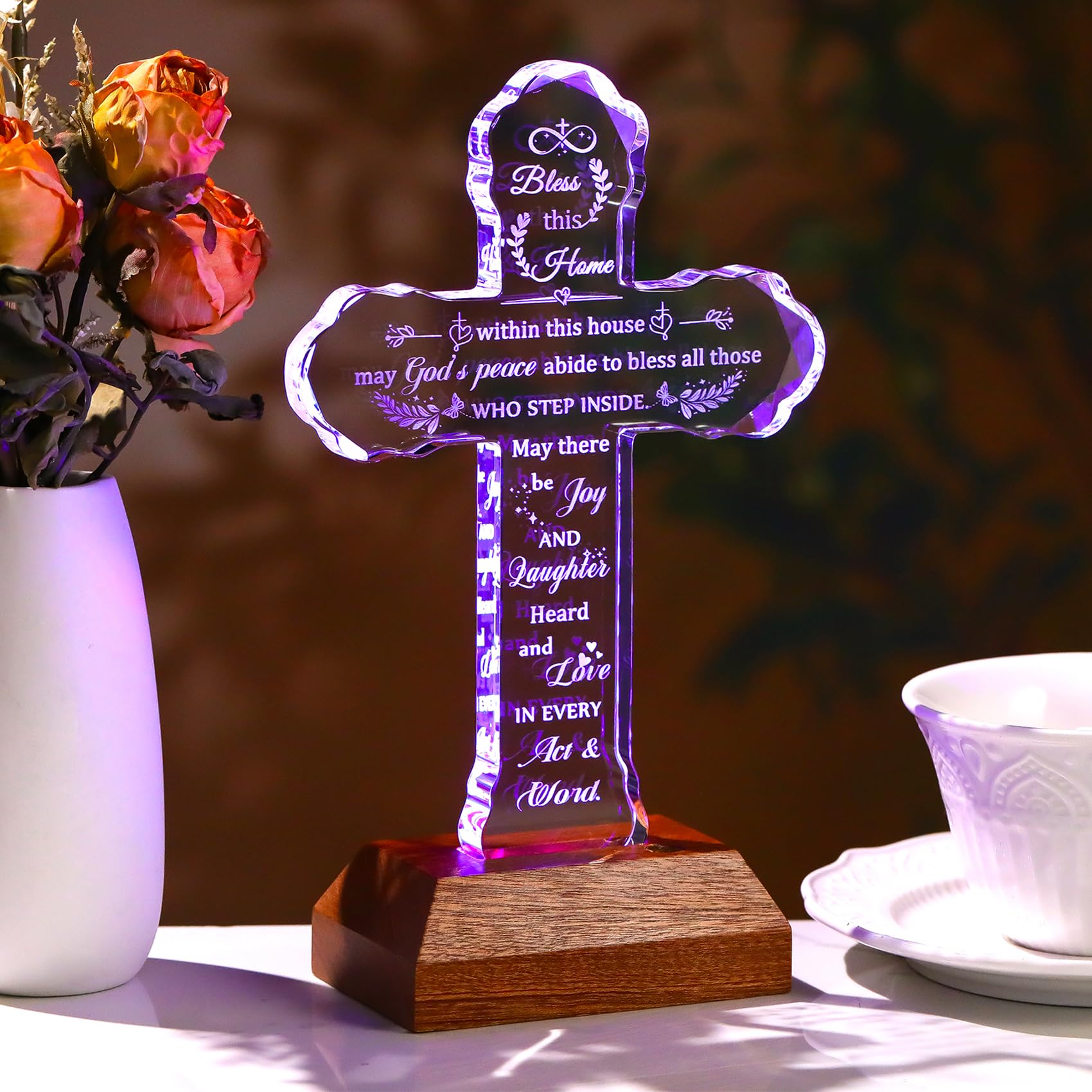 Ornalrist Regalos de inauguración de la casa, cruz de cristal con base LED colorida, bendición religiosa de inauguración de la casa, ideas de regalo para nuevos propietarios de viviendas, mujeres y