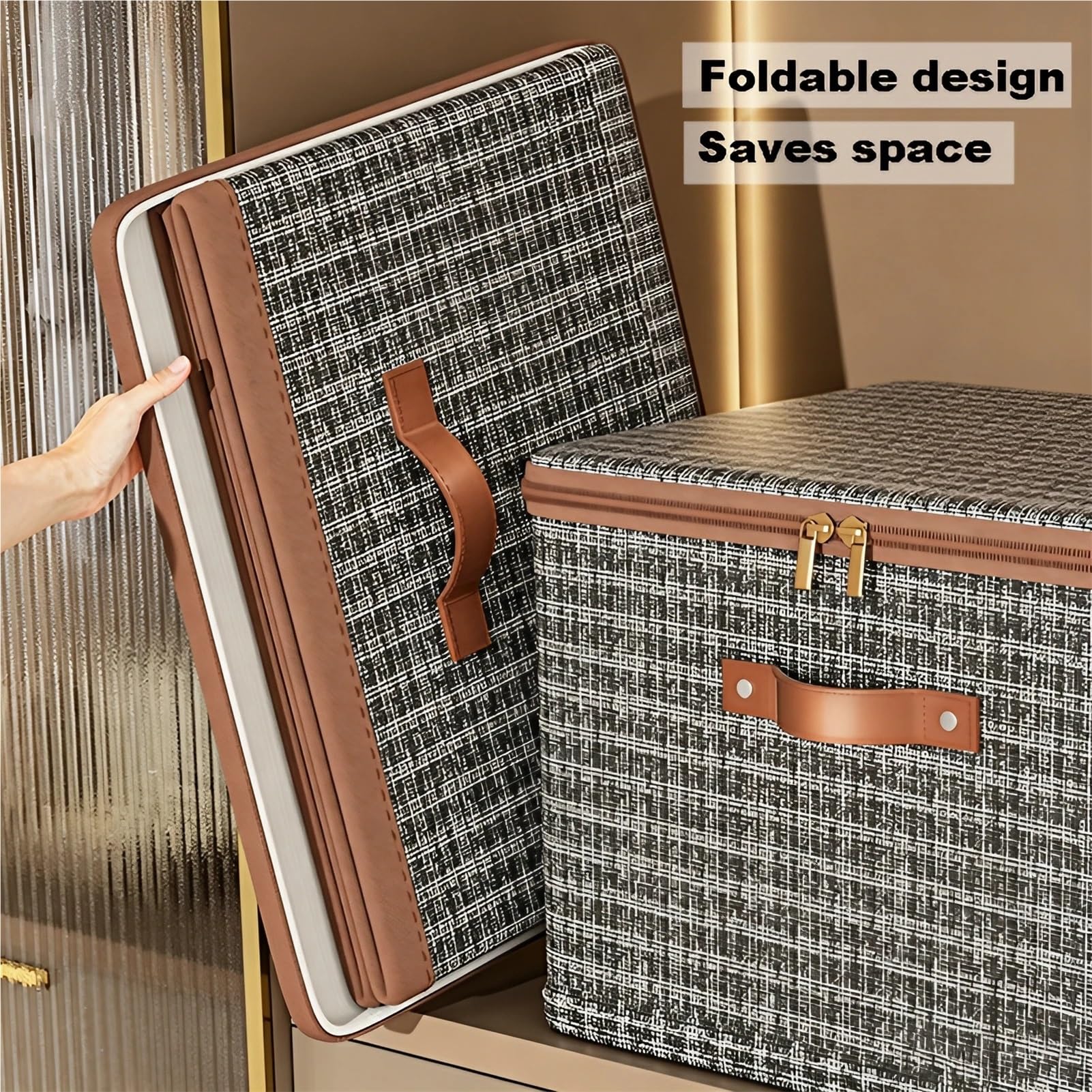 Cajas de Almacenamiento Apilables de Tela con Tapas, Caja de Cubo Plegable con Manijas/Gray/49 * 37 * 31 cm