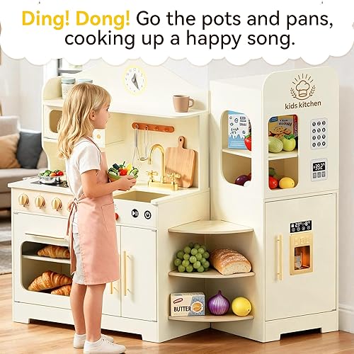 Miniatura 7 de Juego de cocina para niños con diseño giratorio, juego de cocina de madera para niños con máquina de hielo, juego de cocina de juguete para niños y