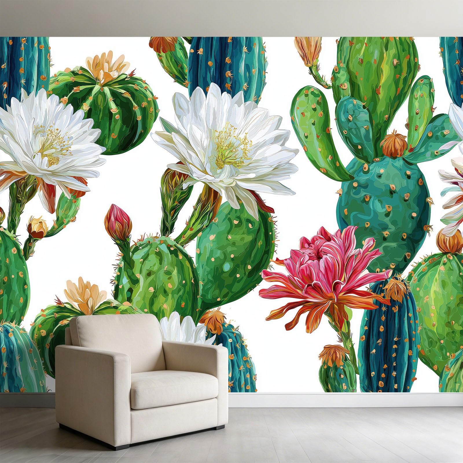 500 x 280 cm, fototapeta z włókniny z efektem 3D, kaktusem i wzorem kwiatowym, w stylu dworkowym, fototapety do salonu, sypialni, tapeta na flizelinie, tapeta ścienna, zielona