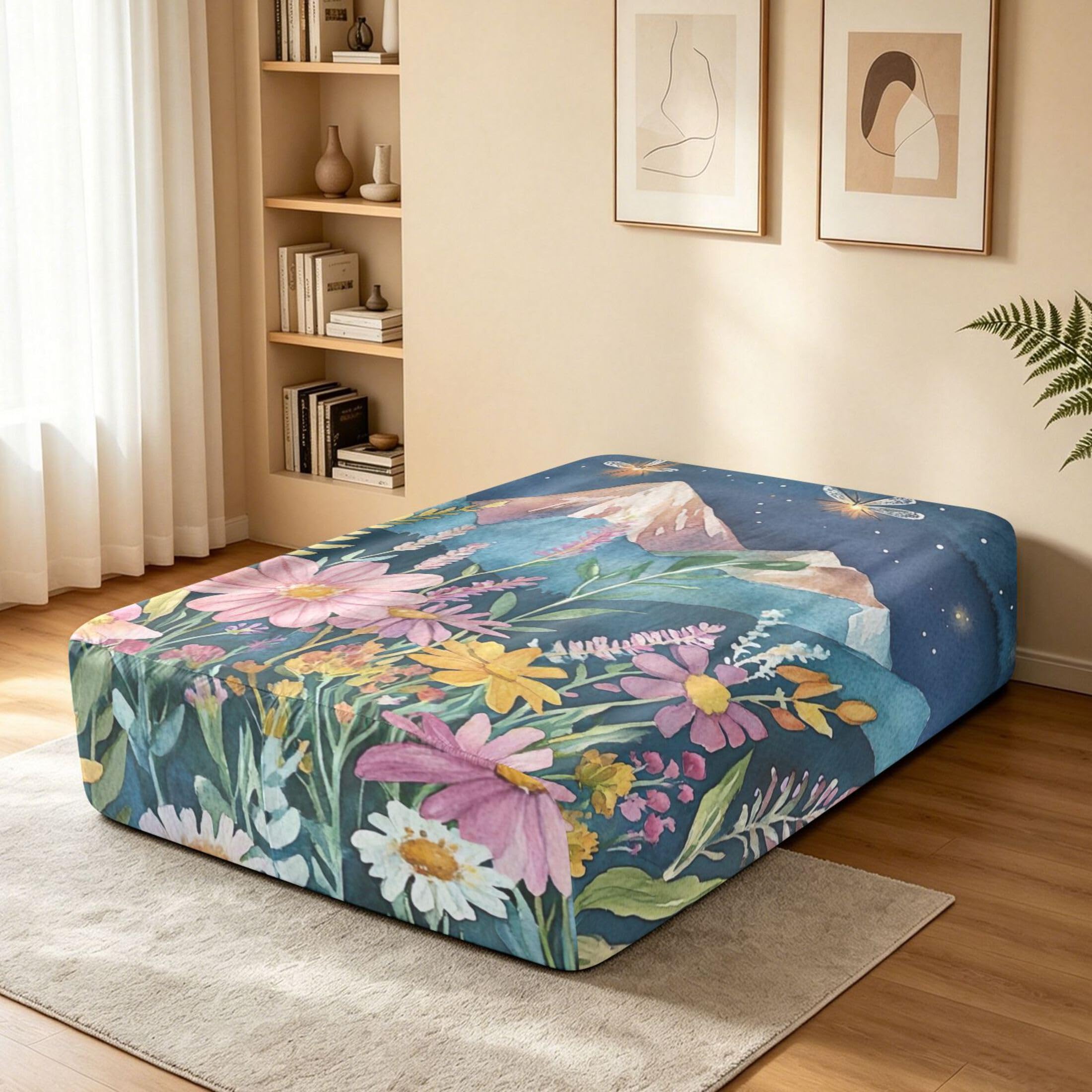 Sábana bajera individual con flores silvestres con montañas para colchón de aire, bolsillo extra profundo de 24 pulgadas, funda suave y transpirable con apertura de válvula de cremallera para