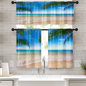 Tayney Teal Black Kitchen Window Curtains Set - 3 Piece Valance & Tier, 36 Inch, Abstract Geometric - View #5