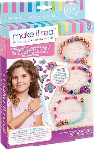 Make It Real Bedazzled! Kit de pulseras con dijes, creatividad floreciente, crea 3 pulseras únicas, 104 piezas, incluye bandeja de juego, todo en