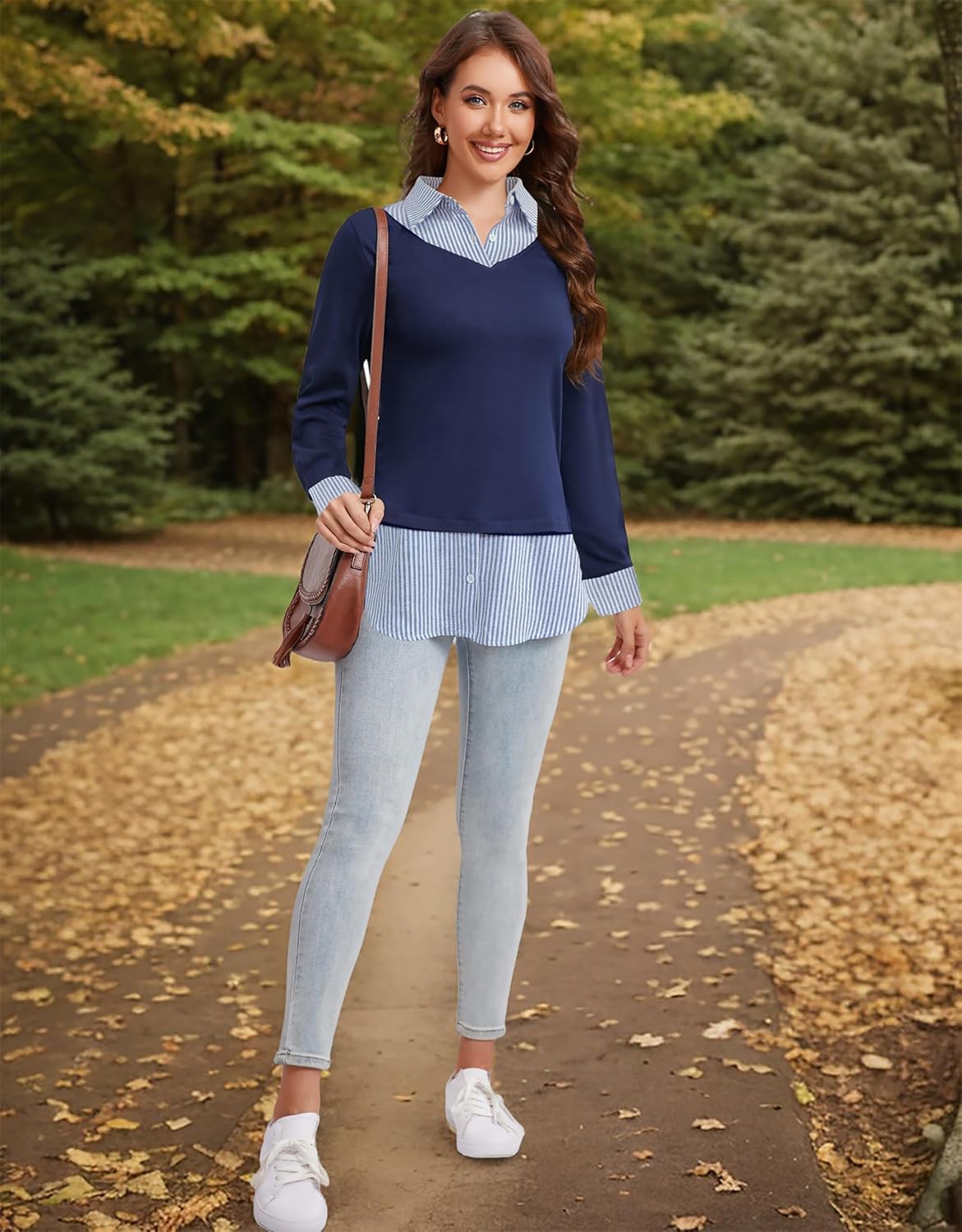 Oyamiki Women's Casual Collared Curved Hem 2 in 1 Pullover Tops Plaid Contrast Shirt Blouse - Image 5