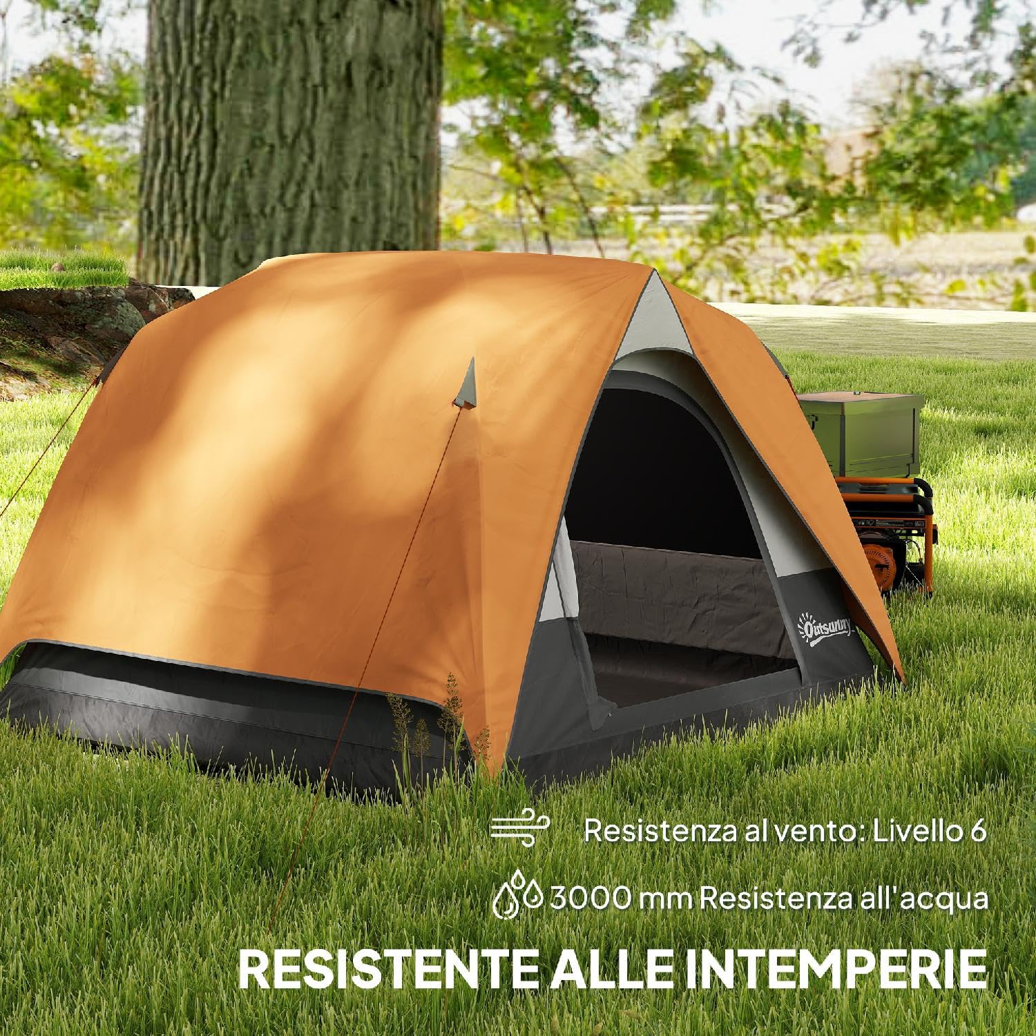 Tenda Campeggio 3 Posti Impermeabile con Tasca Gancio per Lanterna e Borsa 2x2x1.35m Arancione