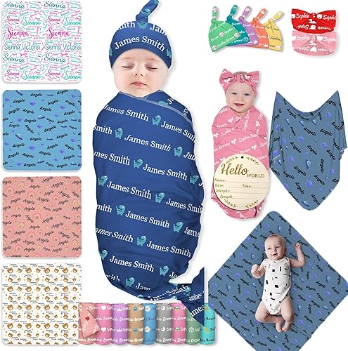 Manta personalizada para bebés y niños, manta con nombre personalizado para recibir con diadema de lazo y sombrero, artículos personalizados para