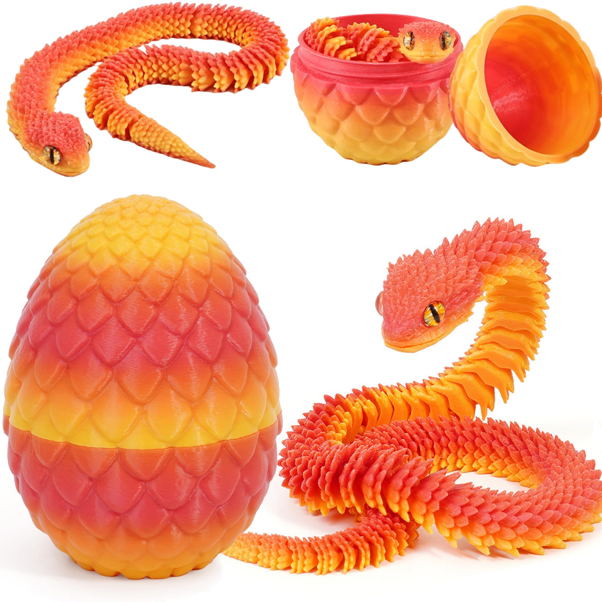 Joycabin 3D Printed Animals, 3D Printed Snake Fidget Toy, Easter 3D Printed Dragon Egg Snake Eggs, Fidget Mini Animals Toy Articular Mobility Toys for Adults and Kids Autism/ADHD (Red Yellow) — image 1