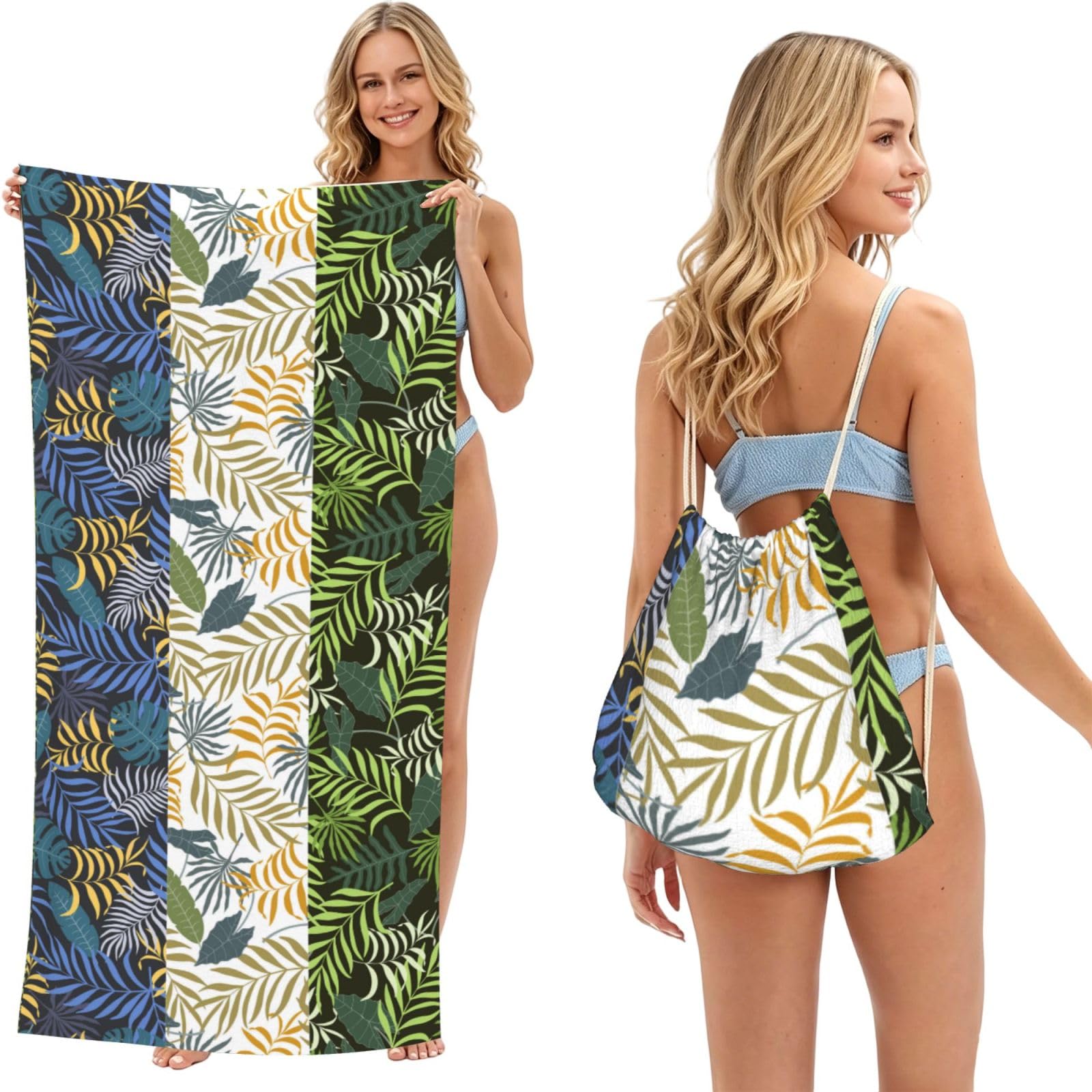 Poadnly As Picture Three Tropical Leaves, 2 In 1 Packable Towel Bag, Beach Towels With Drawstring Backpack For Travel Holiday Camping