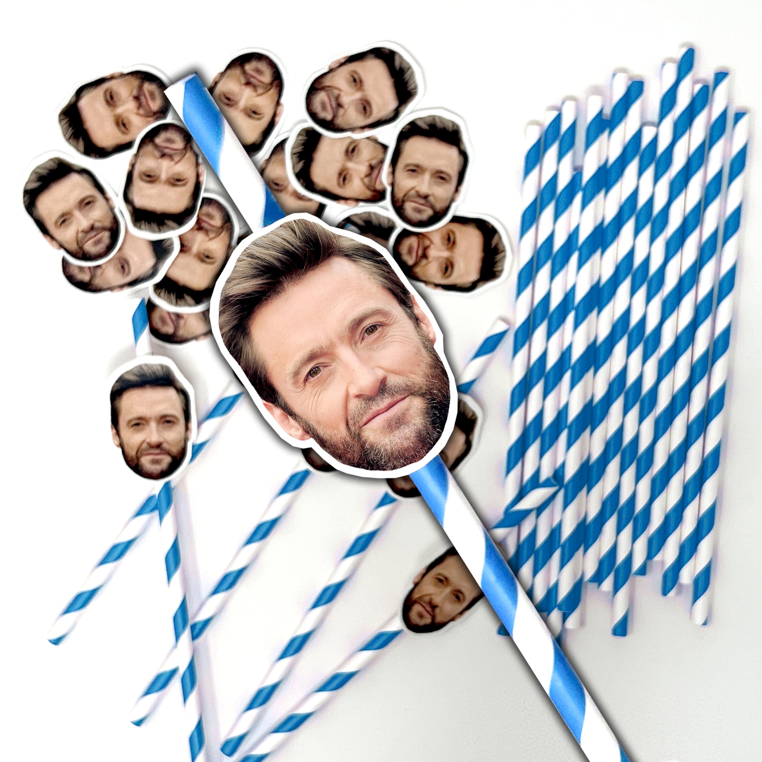 100 Personalised Face Straws - Custom Cut-Out Photos of face of Your Choice, Complete with Straws and fixings for You to Attach - Fun for Hen Party, stag do, Birthday etc (100 Straws) - Blue
