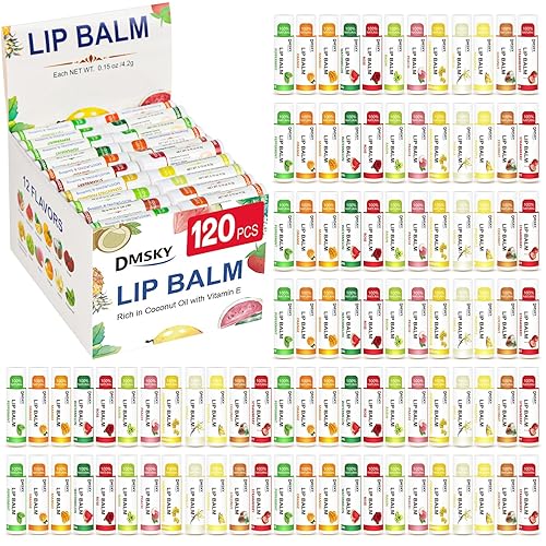 DMSKY Paquete de 120 bálsamos labiales, bálsamo labial natural a granel con vitamina E y aceite de coco, bálsamos labiales hidratantes para labios