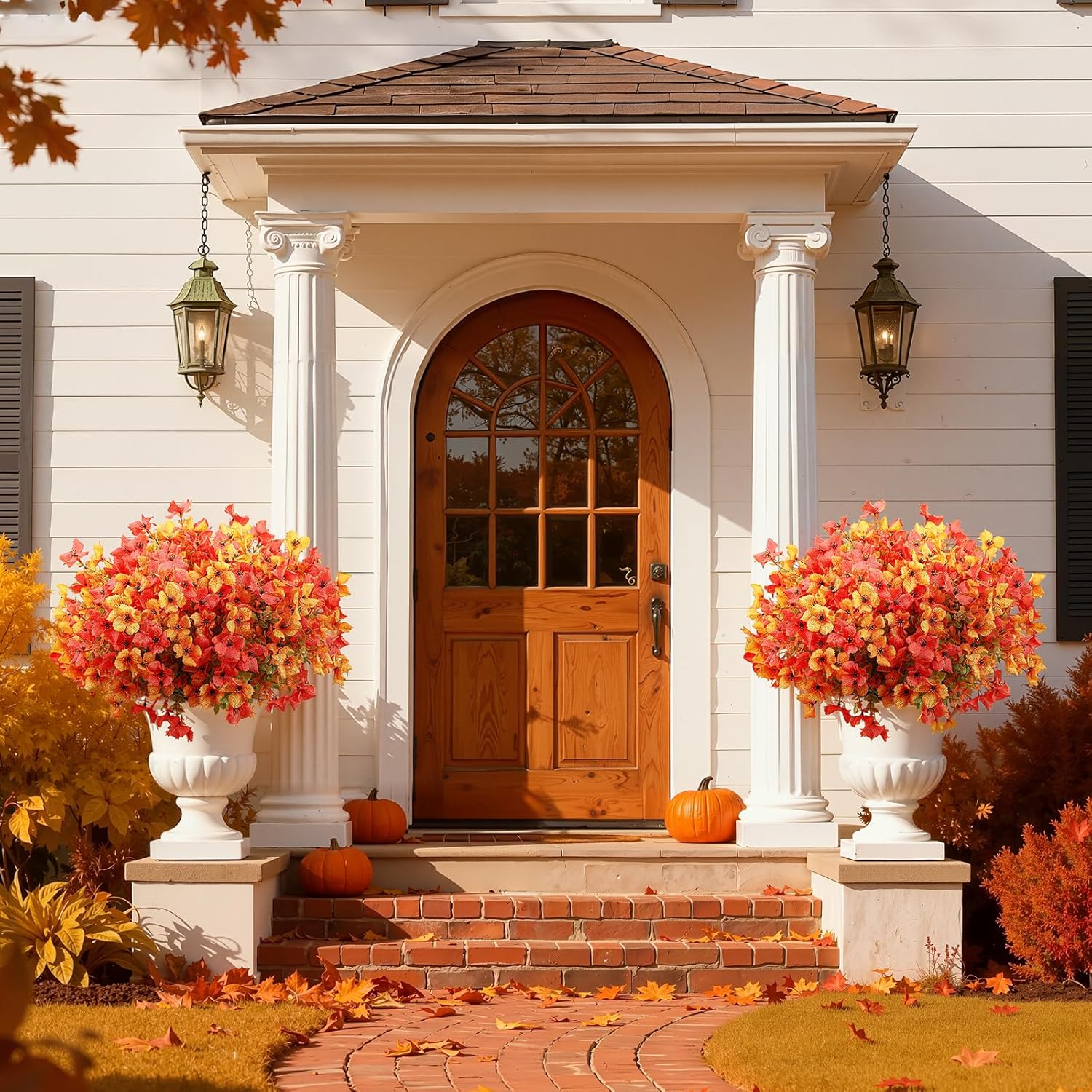 SHareconn 20 Bundles Artificial Fall Flowers Outdoors Decoration, Fake Silk mums Eucalyptus Realistic UV Resistant Faux Plants for Outside Indoor Planter Porch Yard Home Autumn Decor, Orange Yellow - Image 8