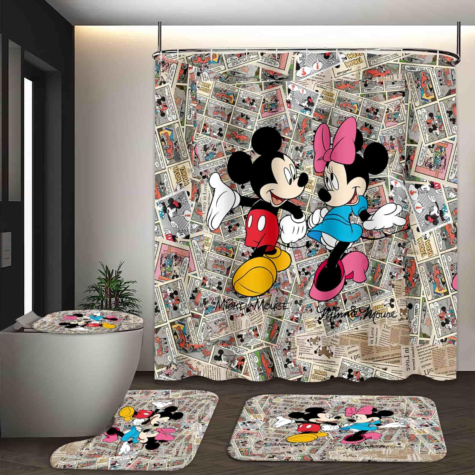 FCBZDQ 4 Pcs Cartoon Shower Curtain Set with Rugs, Toilet Lid Cover and Bath Mat, Cute Shower Curtain with 12 Hooks, Durable Bathroom Decor Sets 72 x