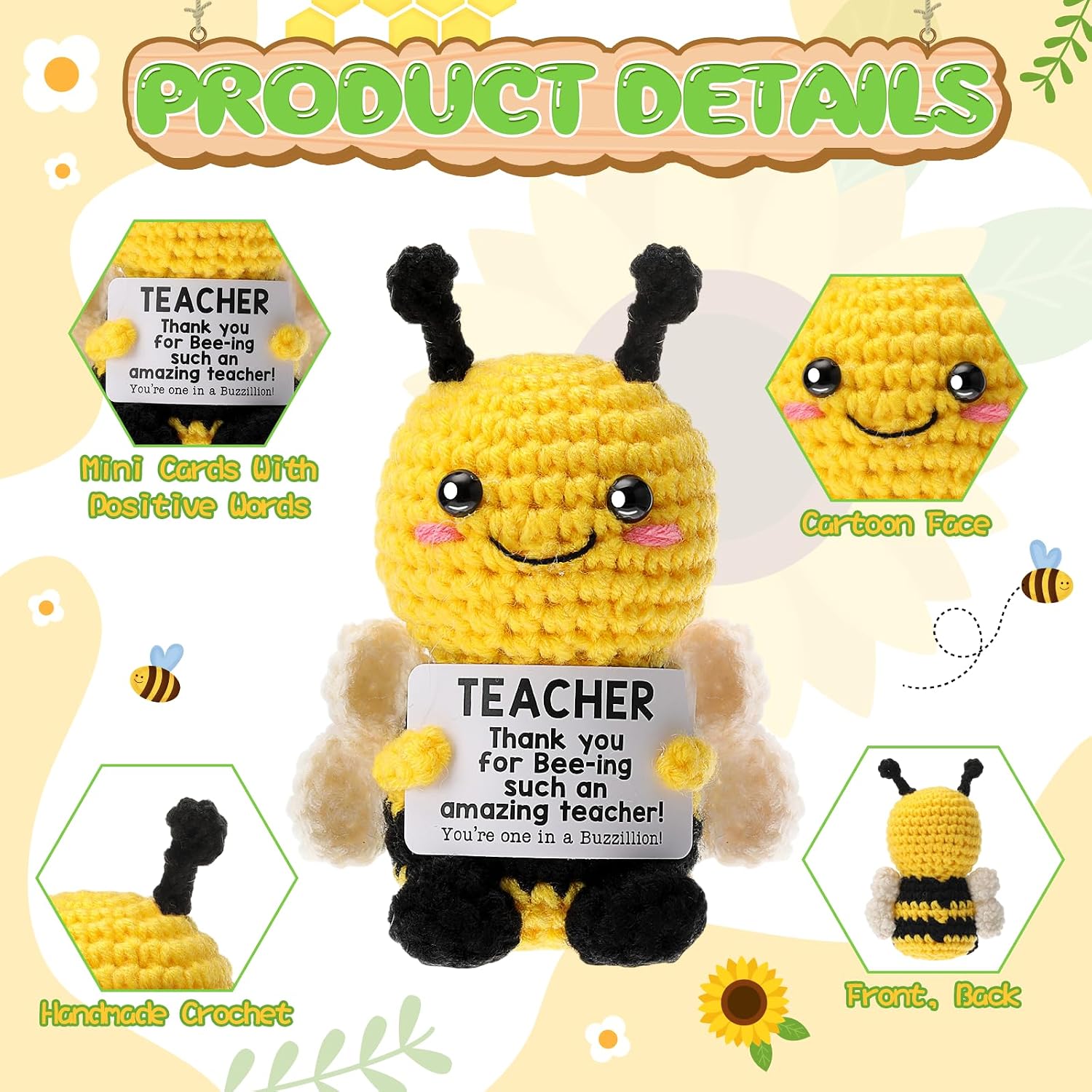 Foilswirl 5 Pcs End of Year Teacher Appreciation Gifts Set Crochet Bee Doll with Wood Adjustable Bracelet & Bee Keychain 2026 Graduation Thank You Gift Positive Handmade for Educator Mentor Coworker