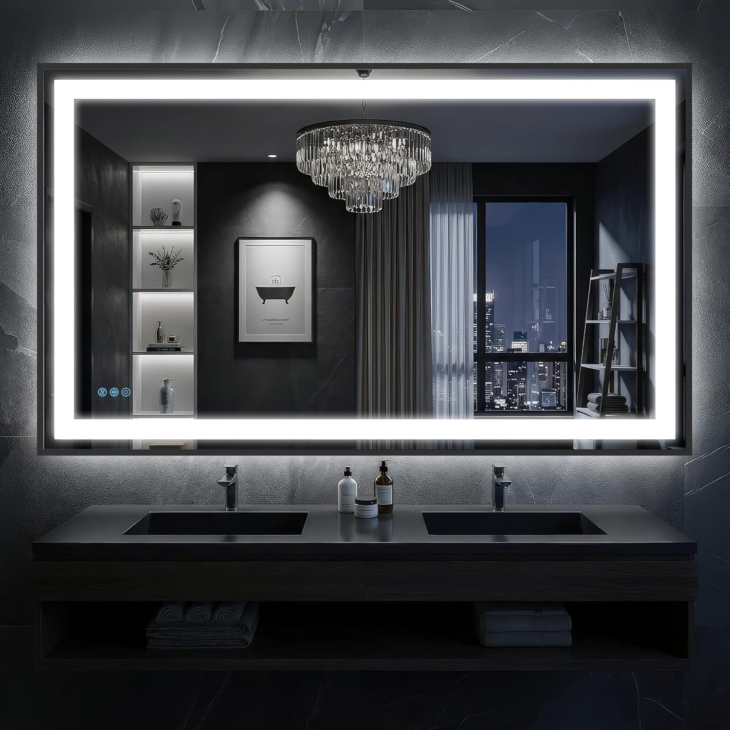 Antok 55X40 LED Bathroom Mirror with Lights, Vanity Mirror for Wall with Black Frame, Touch Control, Anti-Fog, Dimmable Lights, Shatter-Proof, Memory Function, Wall-Mounted Vanity Mirrors
