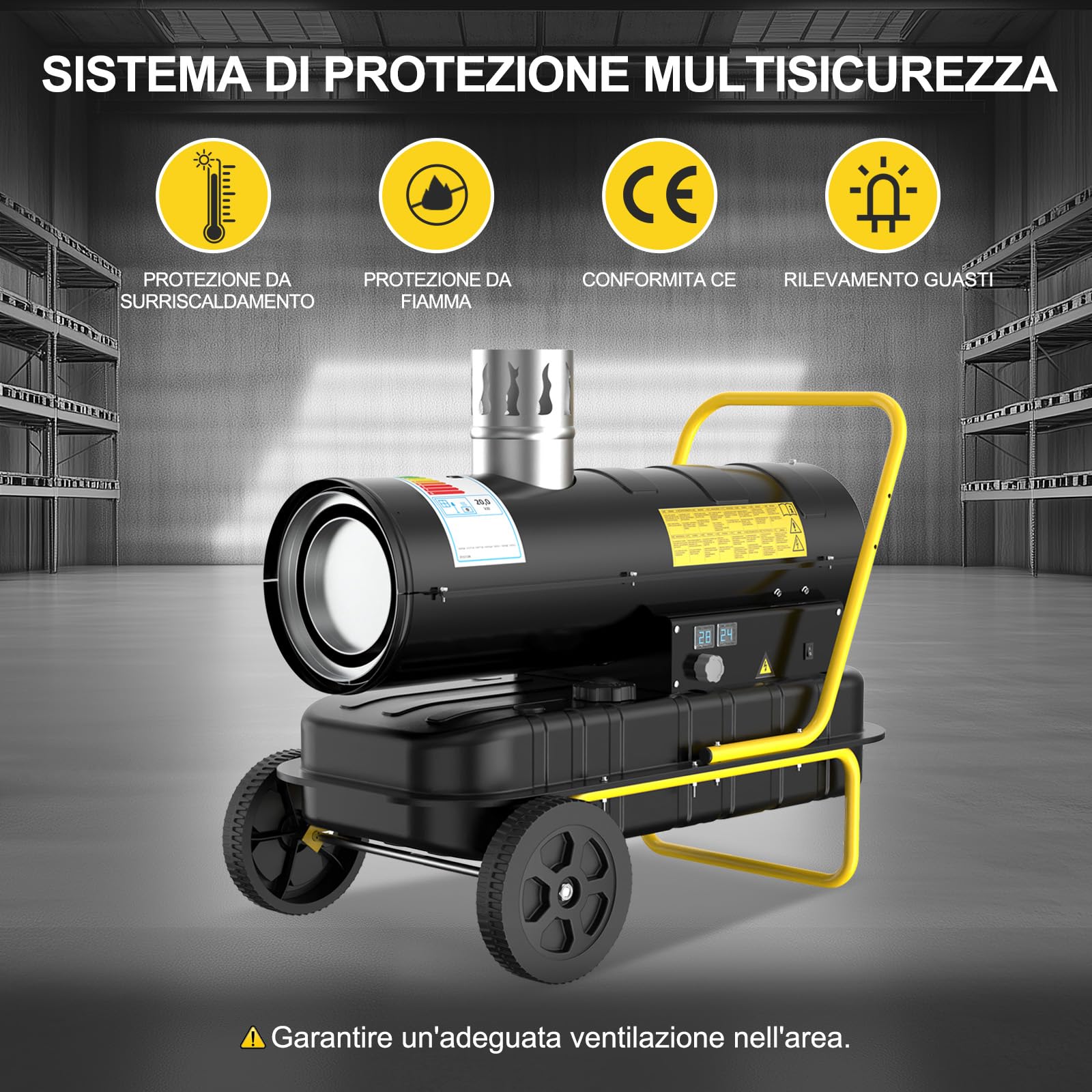 Riscaldatore Diesel Indiretto 20 kW - Termoventilatore Industriale - Serbatoio Grande Capienza 38L - Ruote, Termostato Regolabile - Per Officine, Cantieri, Uso Agricolo