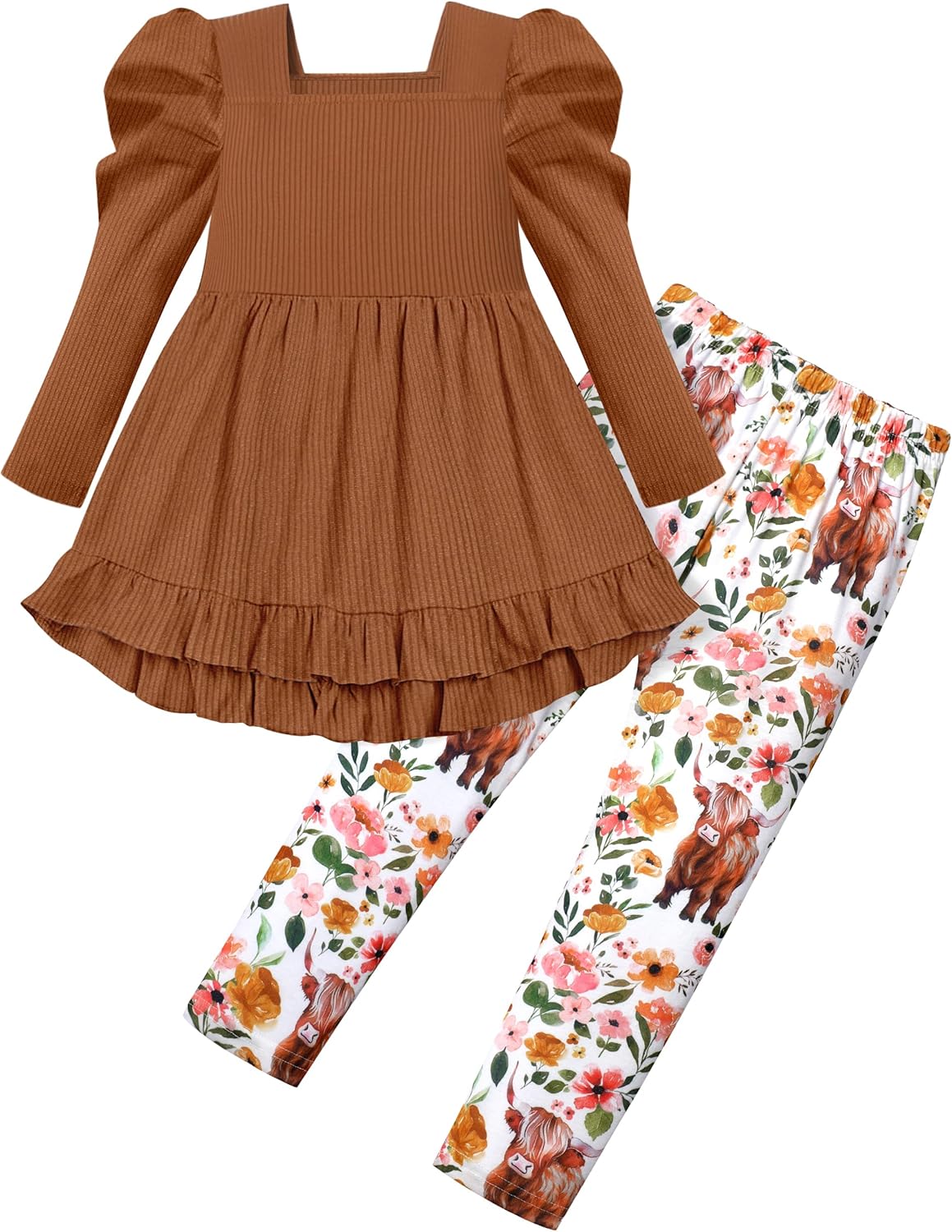 Qaoerde Toddler Girl Clothes Square Neck Ruffle Hem Long Sleeve Top Floral Print Leggings Fall Outfits Kids Clothing Sets