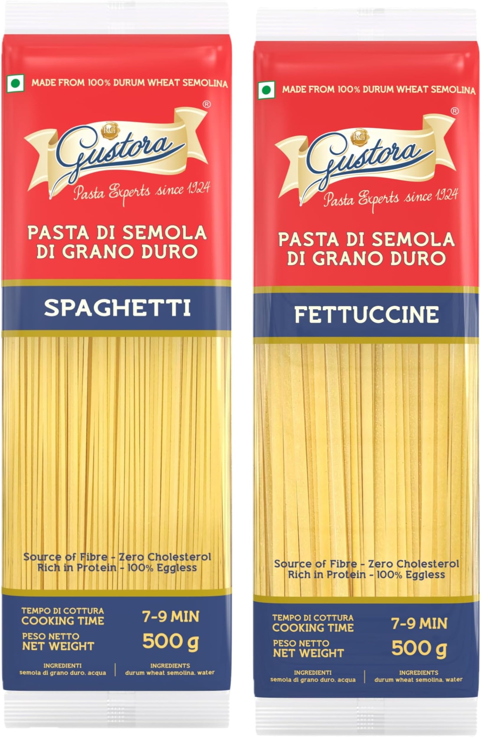 Durum Wheat Spaghetti & Fettucine Pasta Combo Pack Of 2 I Made of Durum Wheat Semolina I Rich In Protein And Fibre I Zero Cholesterol I Vegetarian Pasta I Cooking Time 10 Min - (500 gm X 2)
