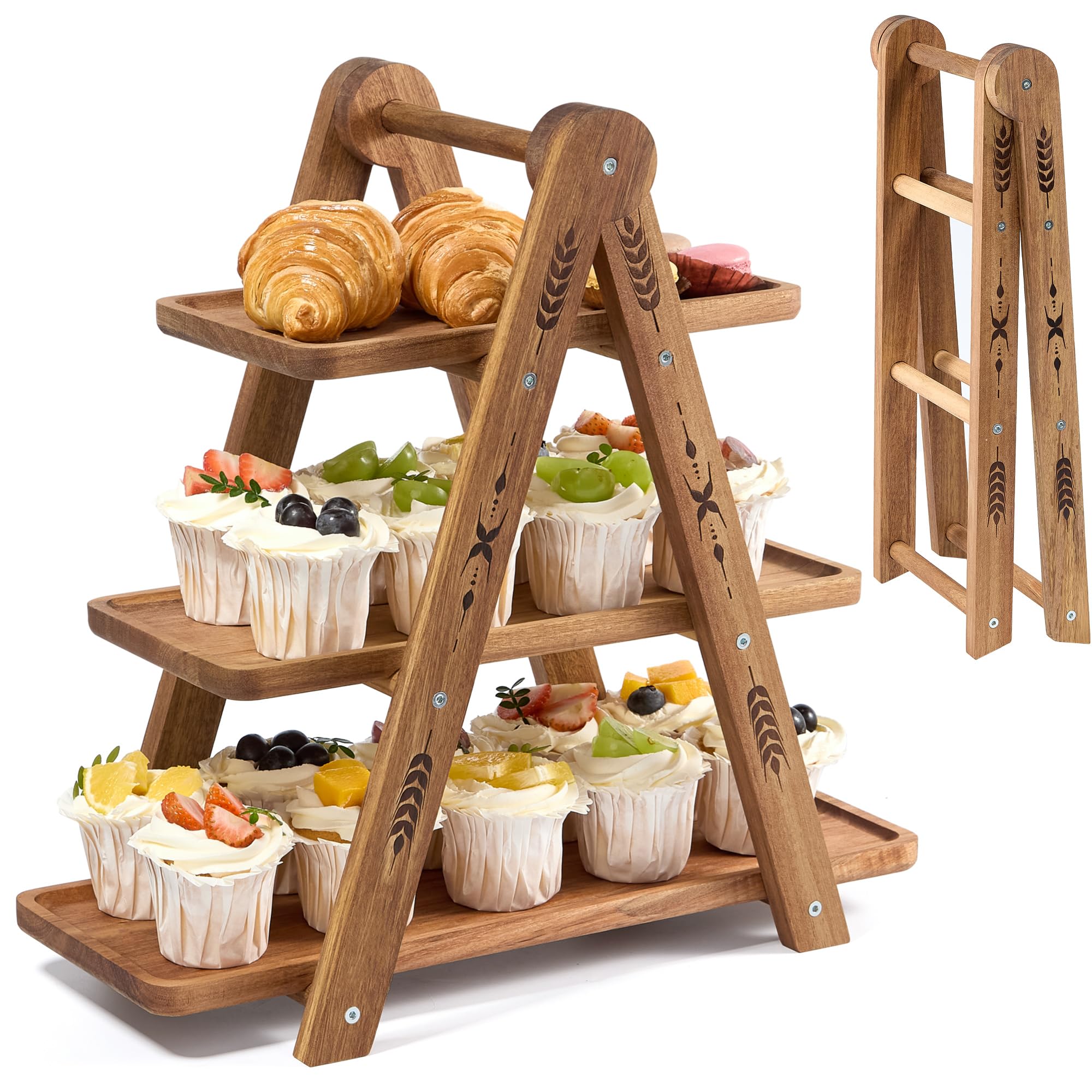 DUJUST Porta Tartas de Madera para 24 Cupcakes, Soporte Tarta de 3 pisos con Superficie de Grado Alimenticio, Soporte para Cupcakes para comida y juguetes, Fácil de Instalar - plegable