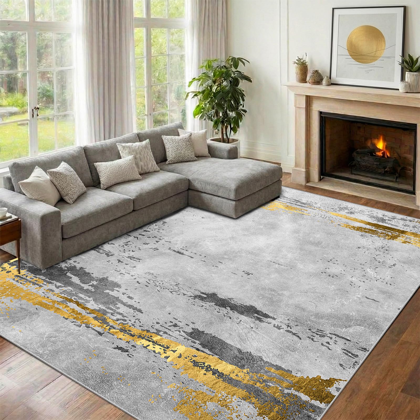 WQMMD Large Washable Rugs Living Room 200x300cm Grey and Gold mit White Ultra Thin Rugs Non-slip Modern Abstract Floor Carpet for Bedroom Dining Room Kitchen Office โ image 1