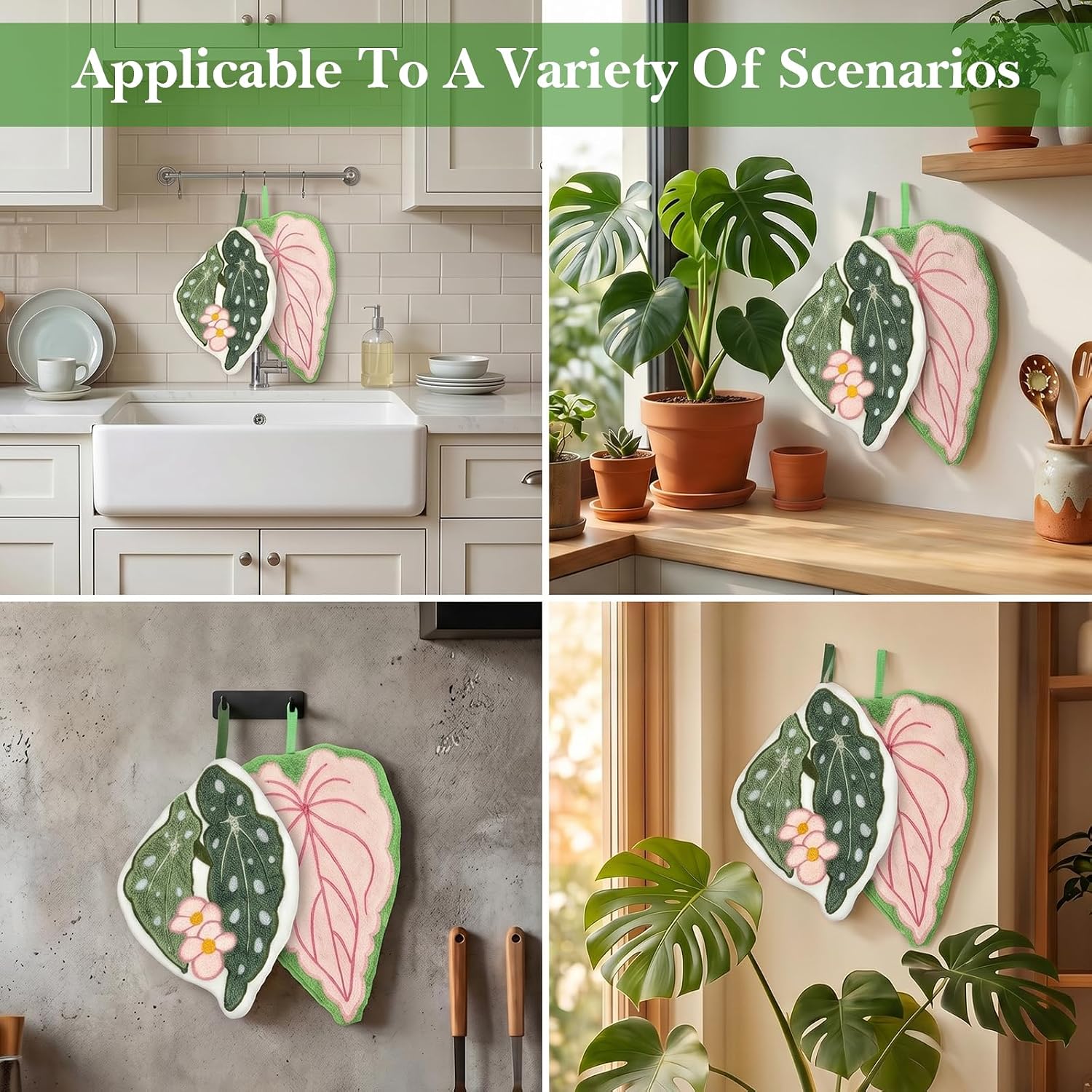 2Pcs Cute Hand Towels, Leaf Funny Hanging Bathroom Hand Towel with Hanging Loops Soft Absorbent Plant Decor Face Towels Coral Fleece Decorative Towel for Bath Kitchen Gifts