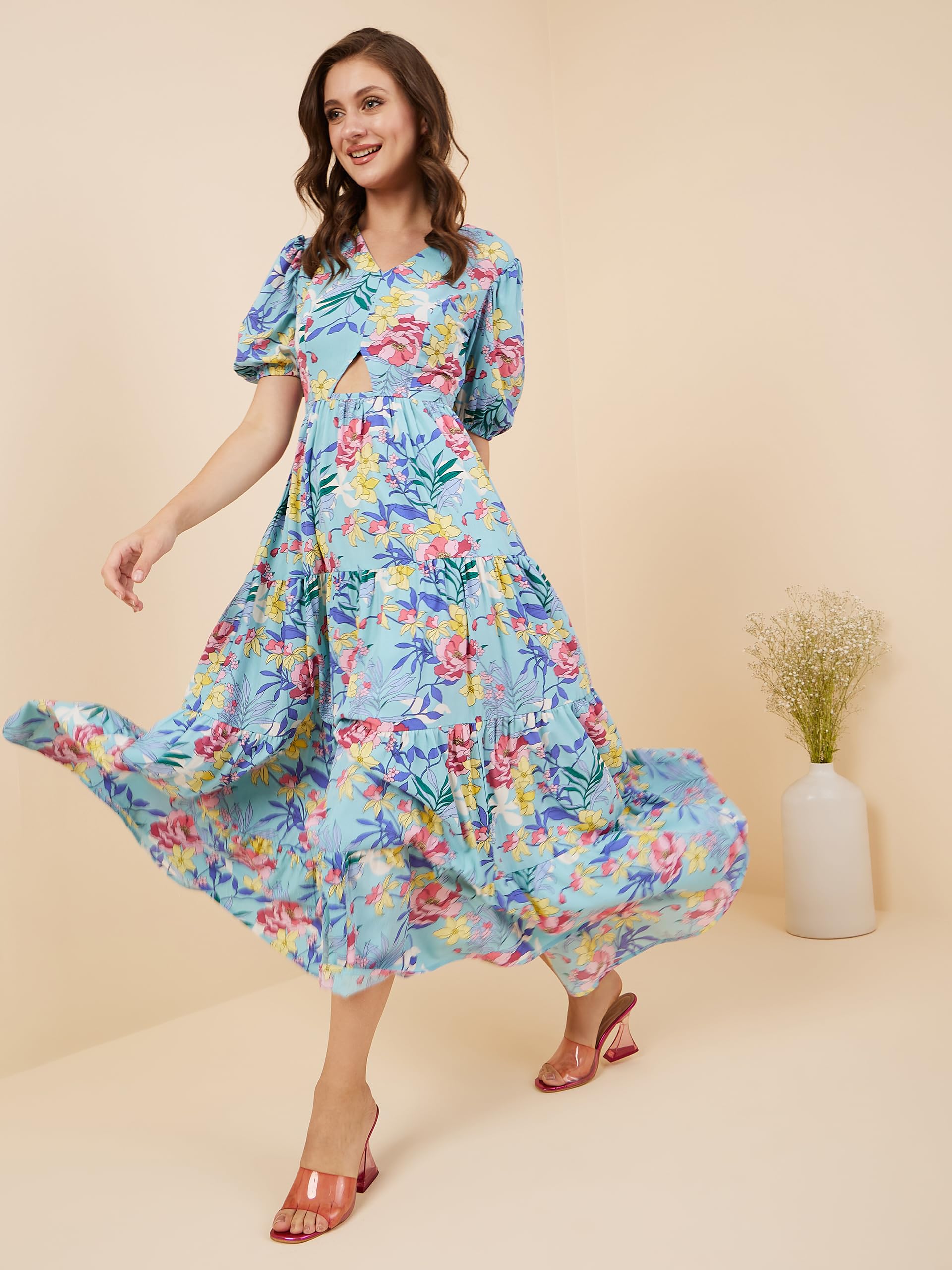 Rare Women's Crepe Fit And Flare Maxi Casual Dress (Ep8001B_Turq_L)