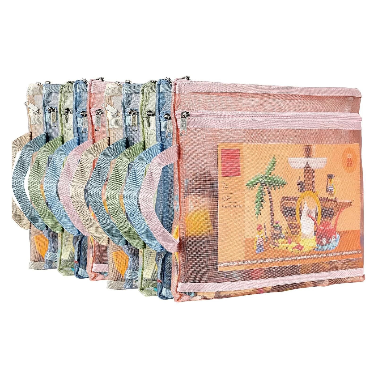 U-HOOME 10 Pack Colored Mesh Zipper Pouch Bags, Double-Layer Nylon Puzzle Building Block Sets Toy Storage & Organization, Breathable See Through A4 Zipper Pouch with Handle for School Office Games