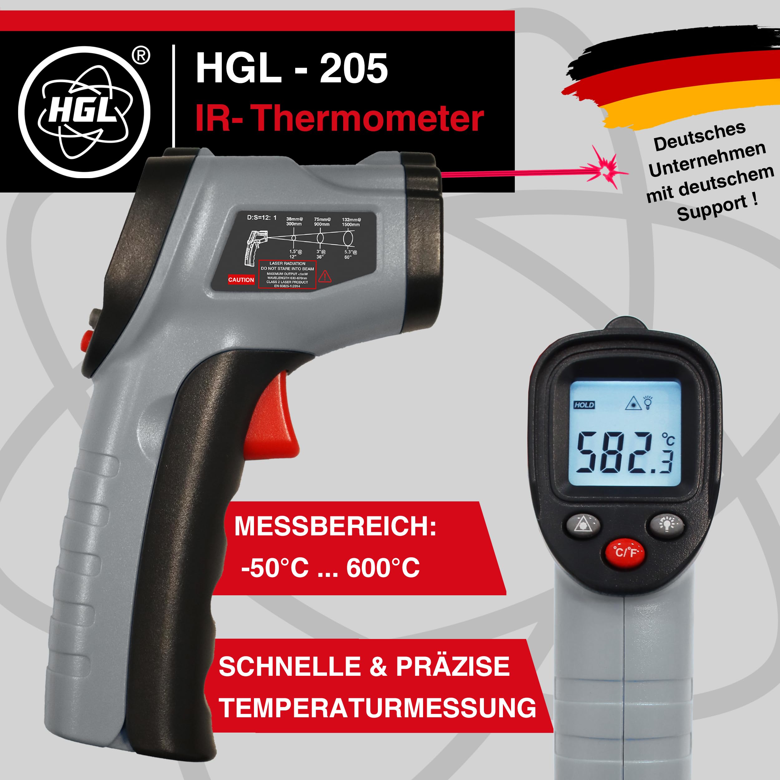HGL-205 Infrarot Thermometer -50°C ... 600°C Temperaturmessgerät mit Laser für schnelle und präzise Messung der Oberflächentemperatur