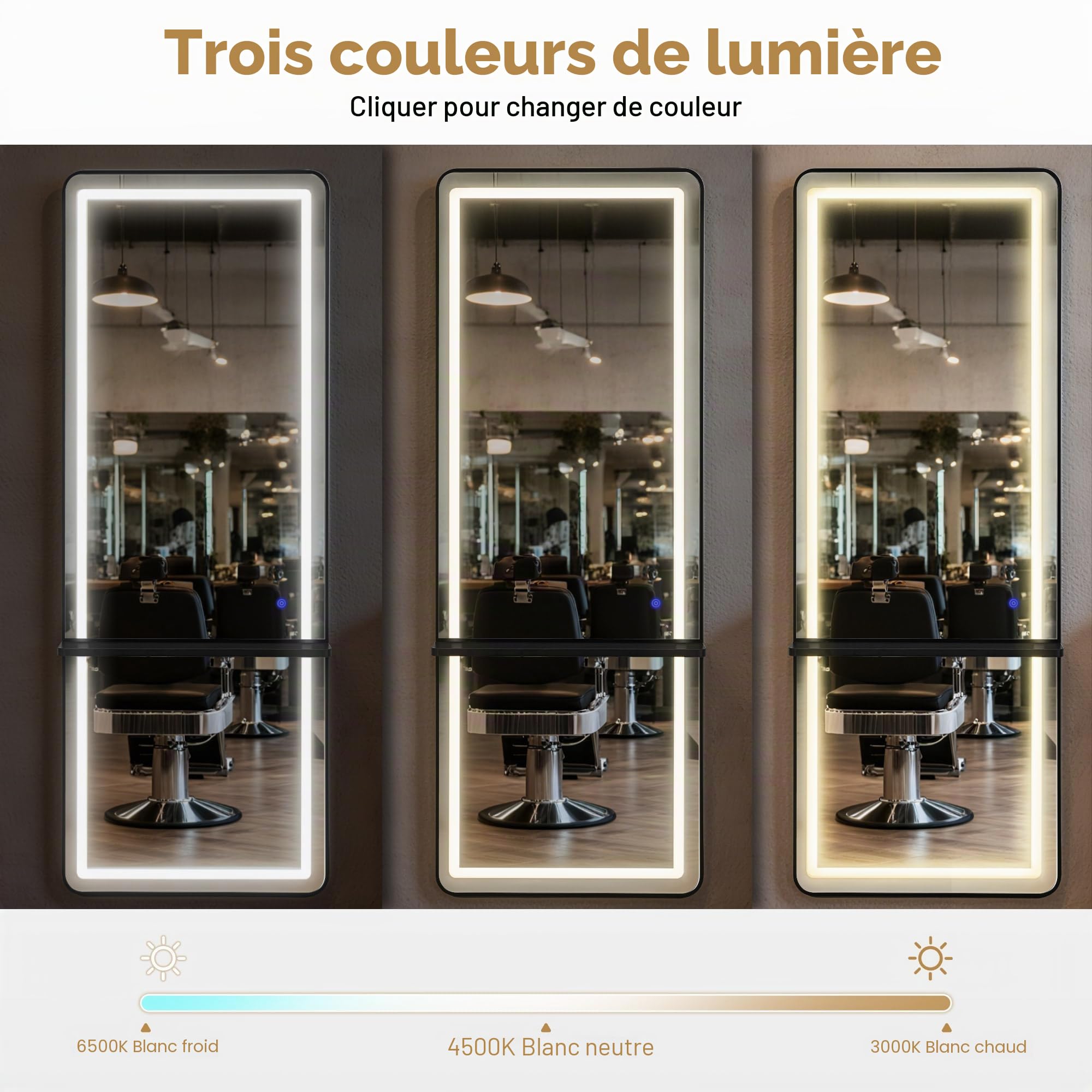 Barberpub Miroir Mural avec éclairage, Niveau Complet du Corps avec Cadre en Aluminium, Grand Miroir avec Interrupteur Tactile, 3 Couleurs légères dimmables, 17x65x177 cm, J6271 (Noir)