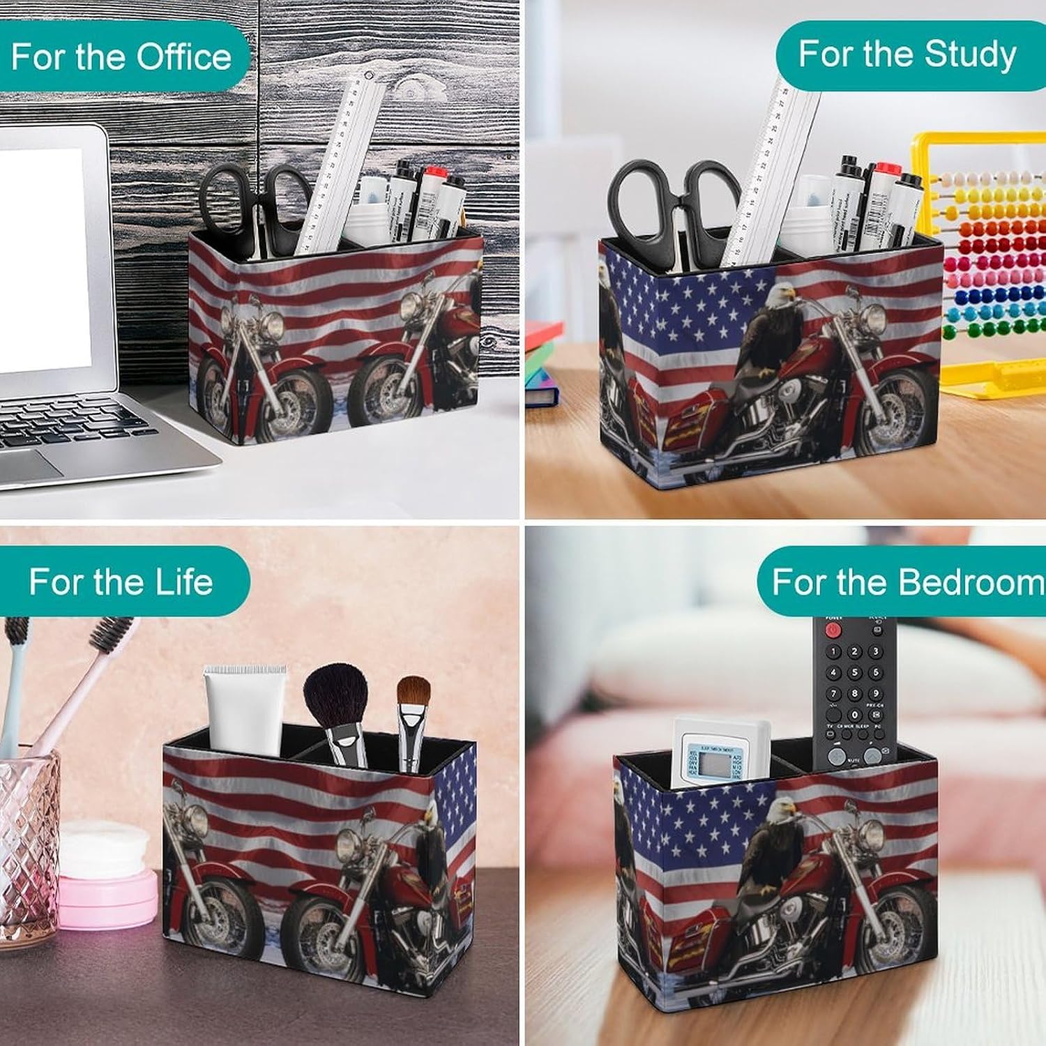 USA Ea-gles Motorcycle Pencil Pen Holder PU Leather Desk Storage Organizer Makeup Brush Box