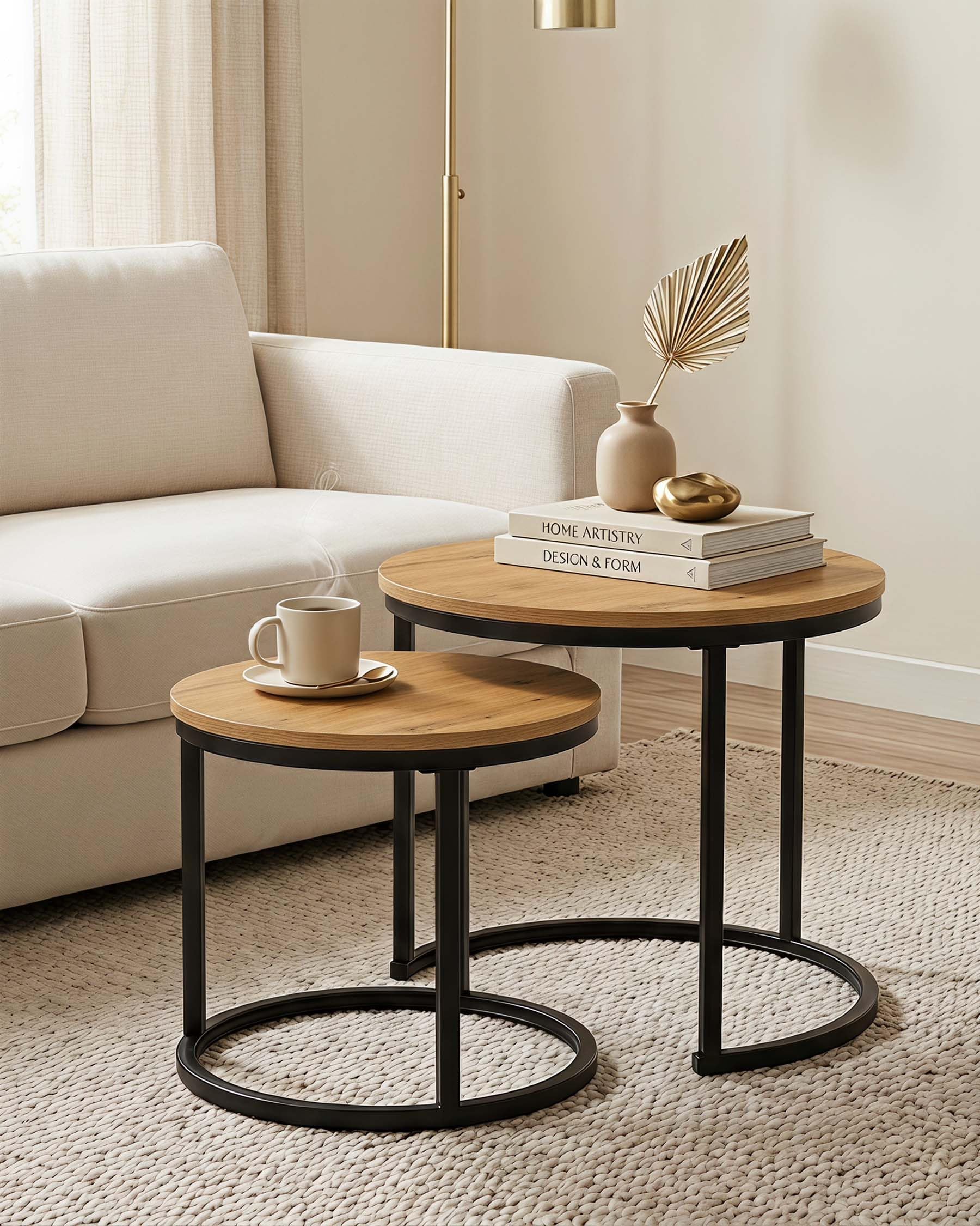 Set 2 Mesas Auxiliares Redondas Mesa de Centro Madera 50/40cm | Mesa de Centro Nido Redonda Efecto Madera, Mesa Auxiliar para Salón y Dormitorio, Robusta y Fácil de Montar