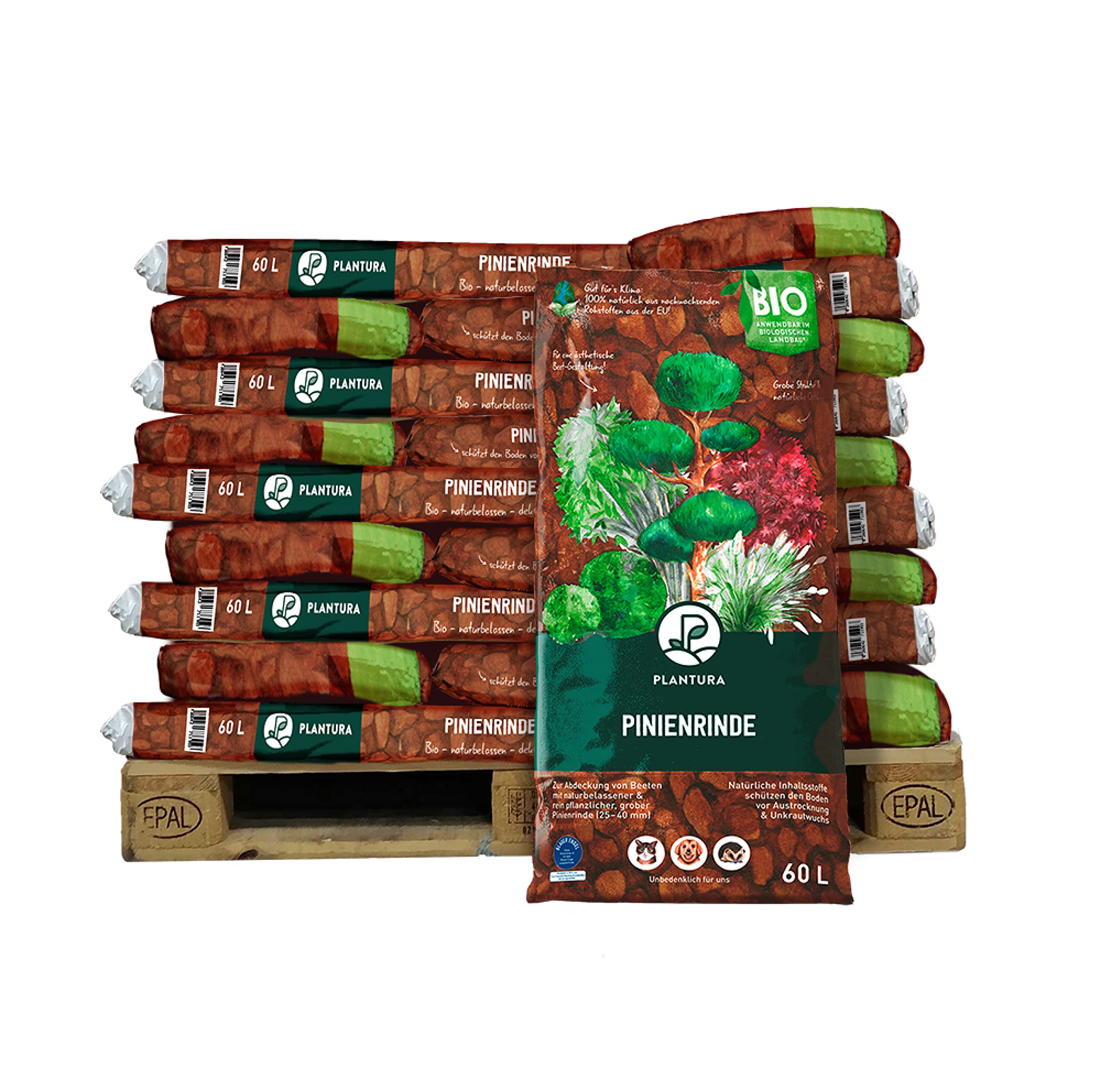 Plantura Bio Pinienrinde Palette, 25-40 mm, 39 x 60 L, grob, naturbelassen & dekorativ, unterdrückt Unkrautwuchs