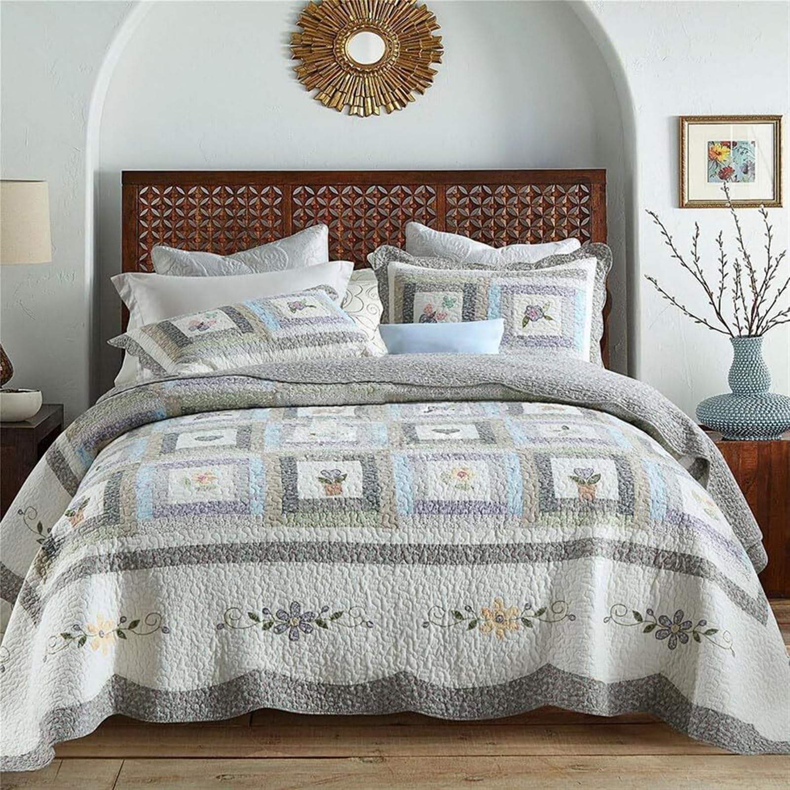 CUNTO Juego de Cama de 3 Piezas con diseño Floral de Patchwork en Color Beige y marrón Cuadrado de GaRcan (tamaño: 240 x 270 cm) (un Color: 270 x 300 cm)