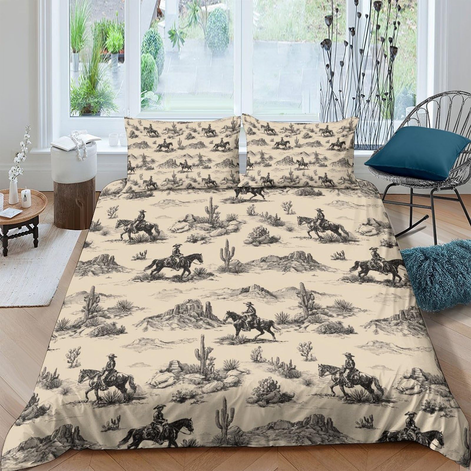 GPLZQXKJNH 3D Printed Cowboy Western Horse Duvet Cover Microfiber Soft Breathable Desert Scene Bedding Set with 2 Pillowcases for Bedroom Decor Single（135x200cm）