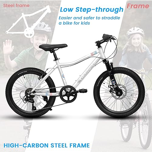 Miniatura 7 de Bicicleta de montaña de 20 pulgadas para niños de 6 a 10 años, 7 velocidades con neumáticos gruesos para niños y niñas, freno en V, bicicleta de