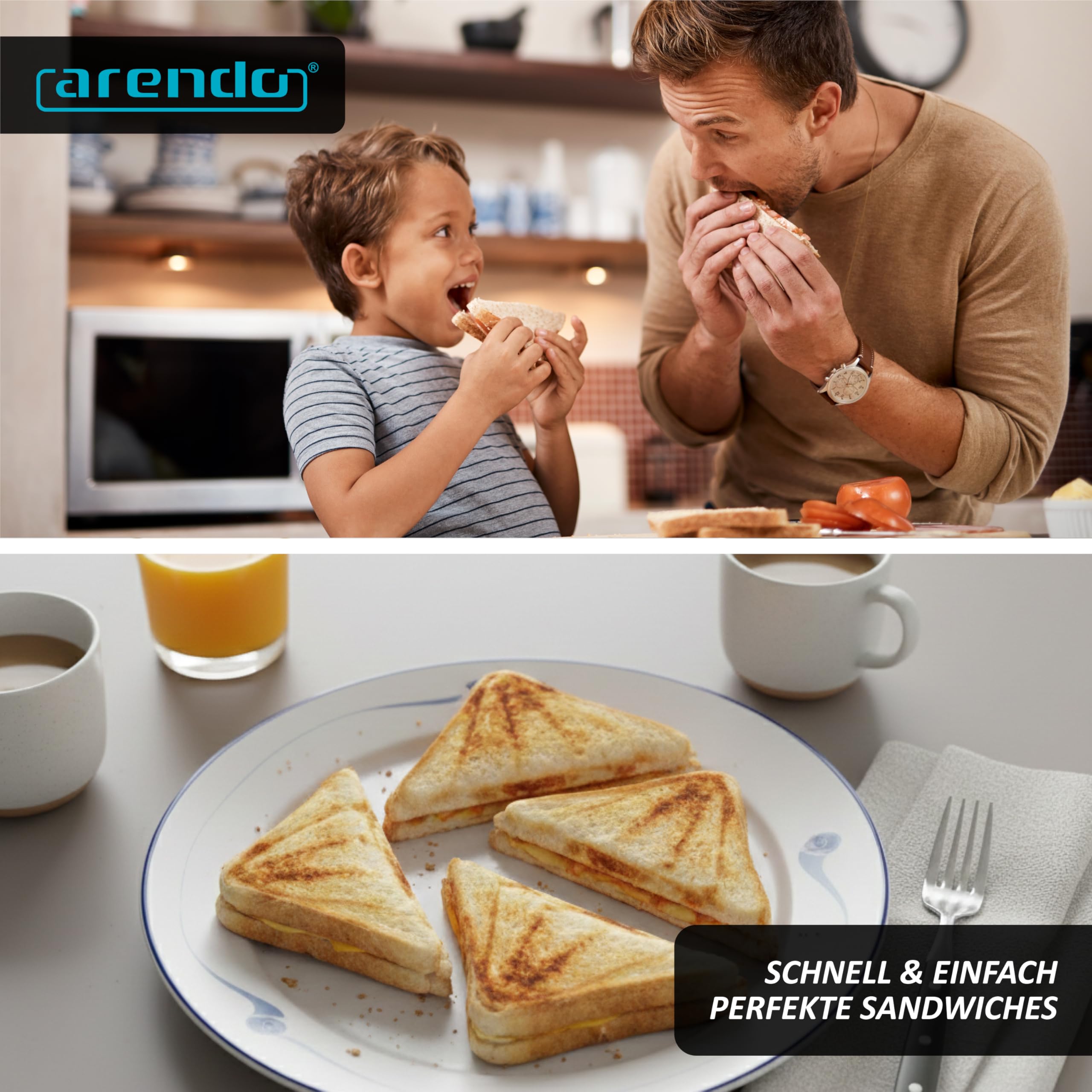 Arendo - Sandwichmaker mit Antihaftbeschichtung – 900 W - automatische Temperaturregelung – Sicherheitsverriegelung - Sandwich Maker - Sandwichtoaster für Sandwiches, Toast, warme Snacks